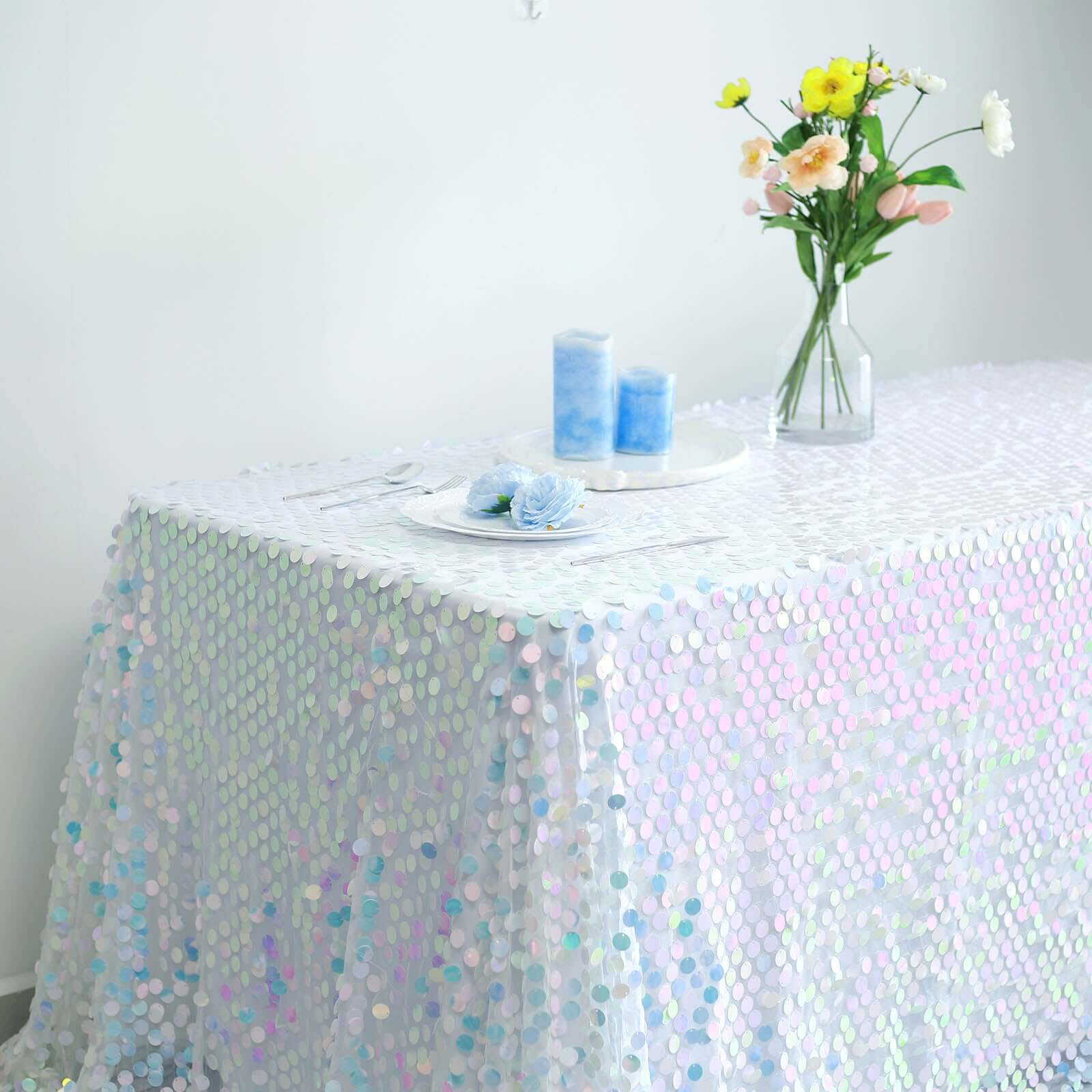 Sequin Rectangle Tablecloth 90"x132" Iridescent Blue - Big Payette Seamless Table Cover - Image 2