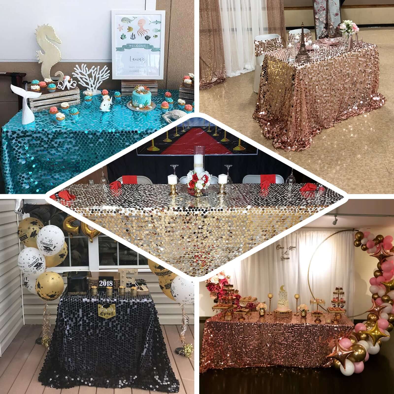 Sequin Rectangle Tablecloth 90"x132" Matte Champagne - Big Payette Seamless Table Cover - Image 4