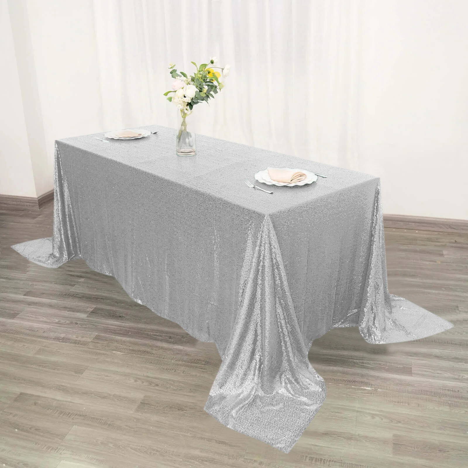 Sequin Rectangle Tablecloth 90"x132" Silver - Seamless Glittering Finish Table Cover - Image 2