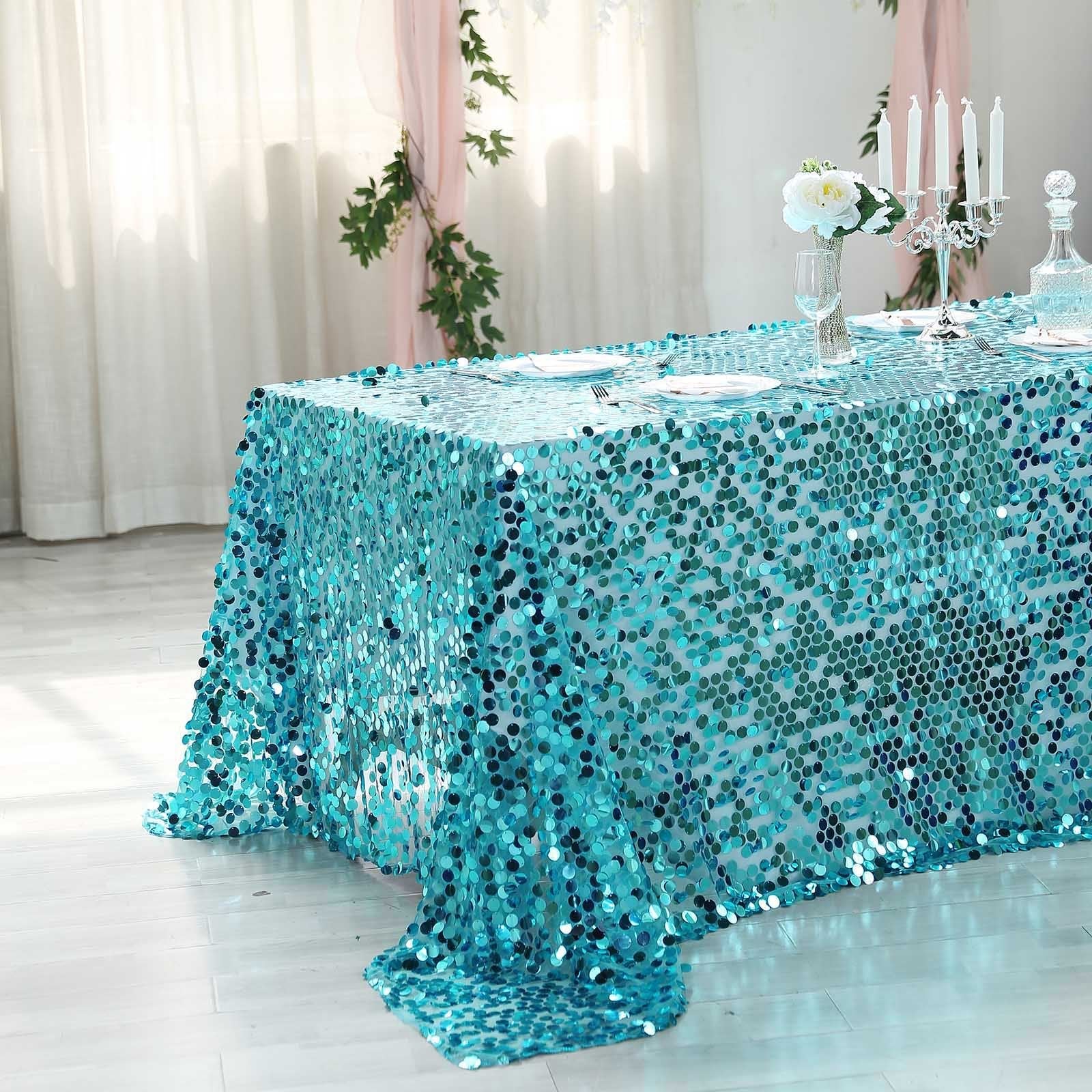 Sequin Rectangle Tablecloth 90"x132" Turquoise - Big Payette Seamless Table Cover - Image 3