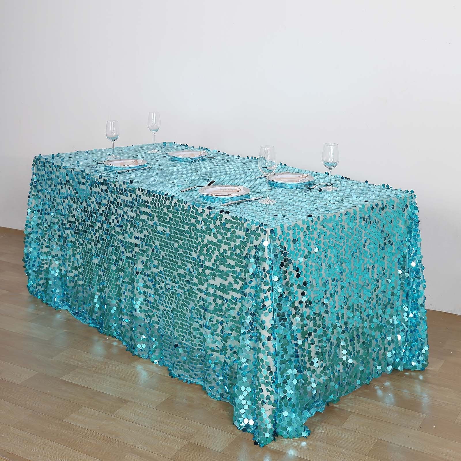 Sequin Rectangle Tablecloth 90"x132" Turquoise - Big Payette Seamless Table Cover - Image 7