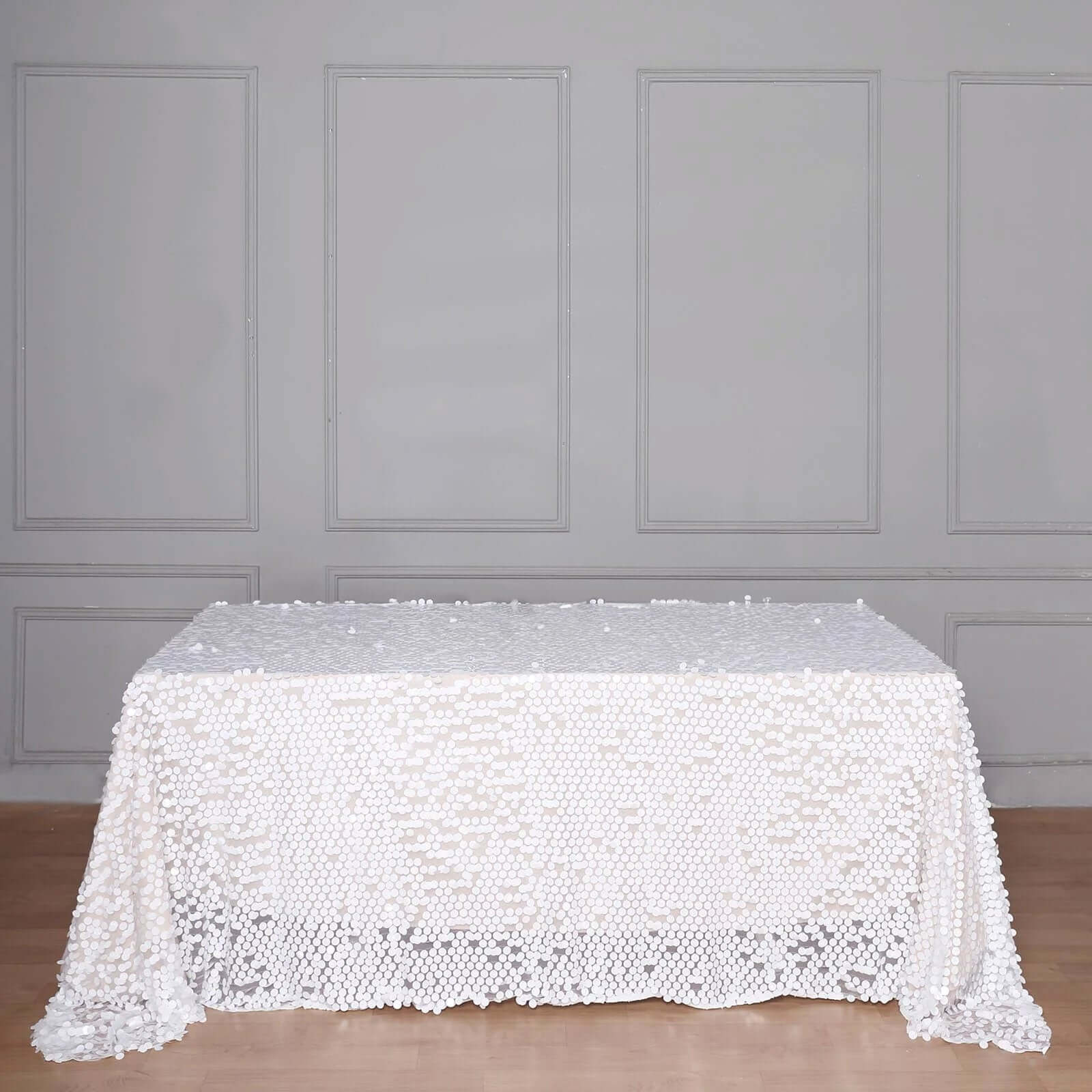 Sequin Rectangle Tablecloth 90"x132" White with Big Payette Design - Seamless Glittering Decor for Weddings