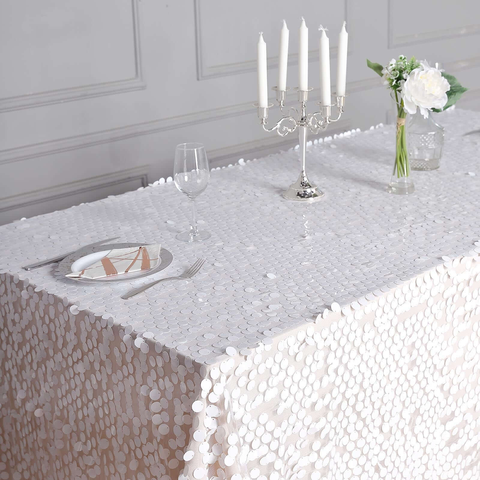 Sequin Rectangle Tablecloth 90"x132" White with Big Payette Design - Seamless Glittering Decor for Weddings - Image 6