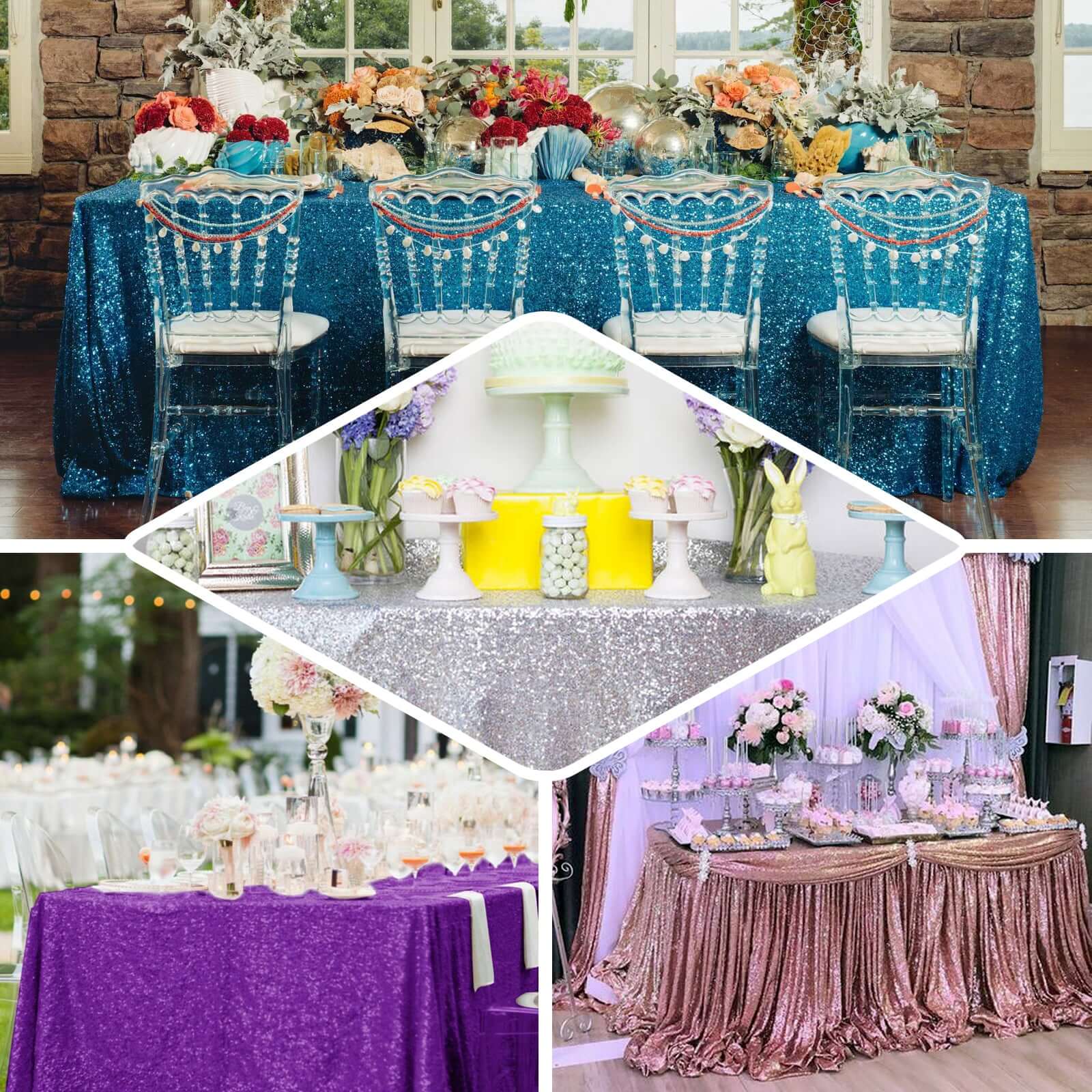 Sequin Rectangle Tablecloth 90"x156" Champagne - Seamless Shimmering Finish Table Cover - Image 4