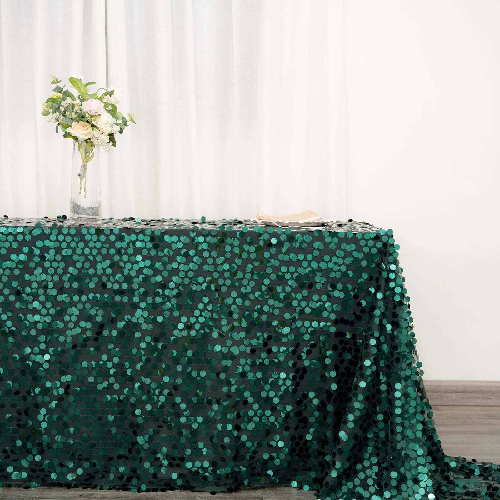 Sequin Rectangle Tablecloth 90"x156" Hunter Emerald Green - Big Payette Seamless Table Cover - Image 3