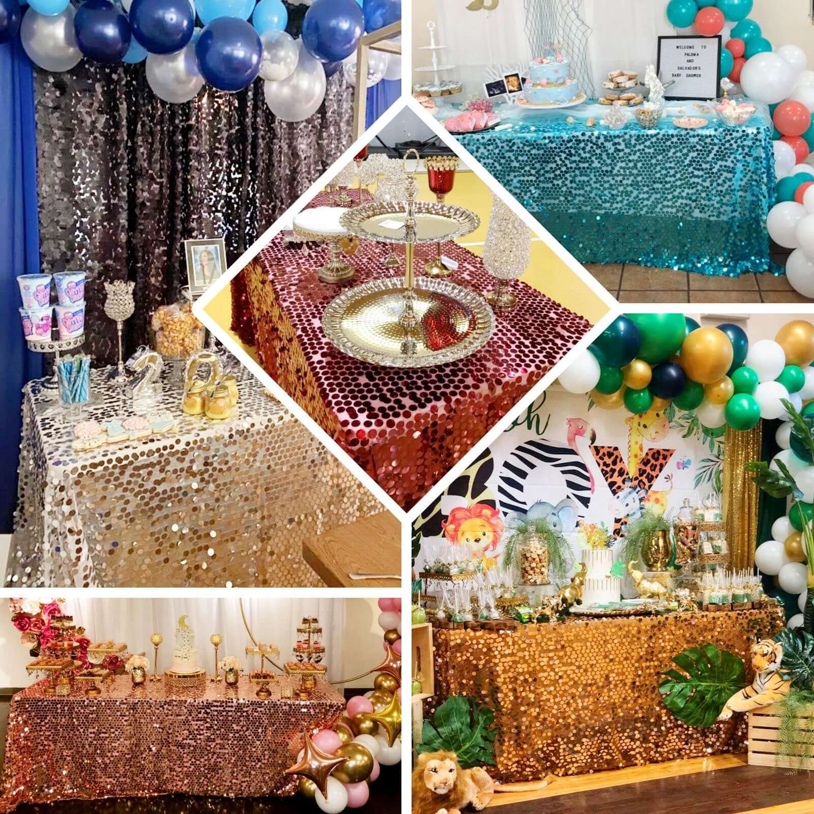 Sequin Rectangle Tablecloth 90"x156" Hunter Emerald Green - Big Payette Seamless Table Cover - Image 5