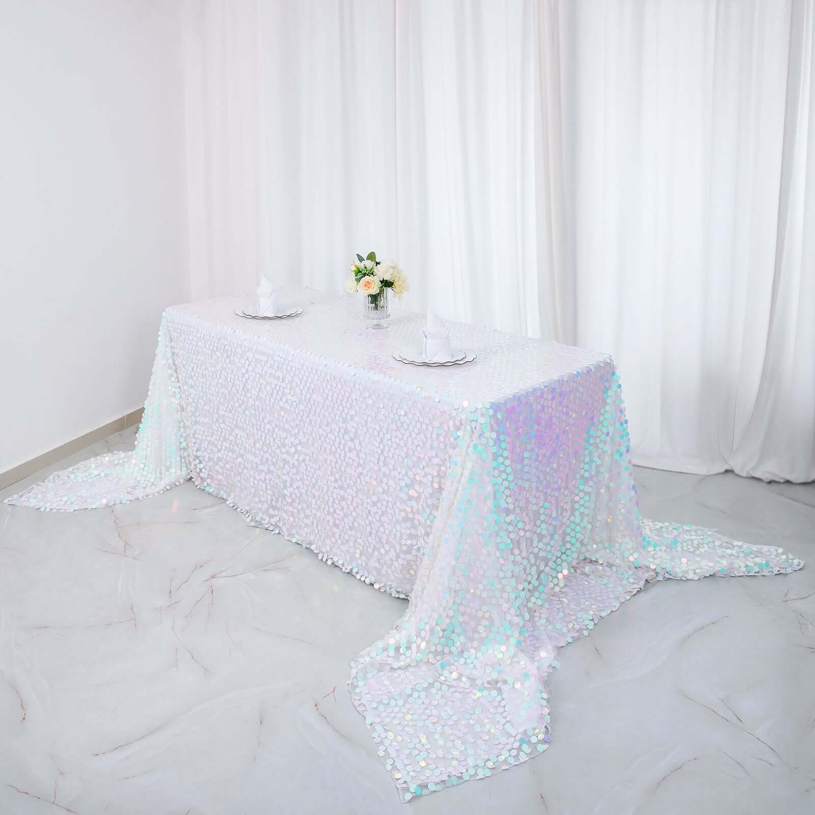 Sequin Rectangle Tablecloth 90"x156" Iridescent Blue - Big Payette Seamless Table Cover - Image 3