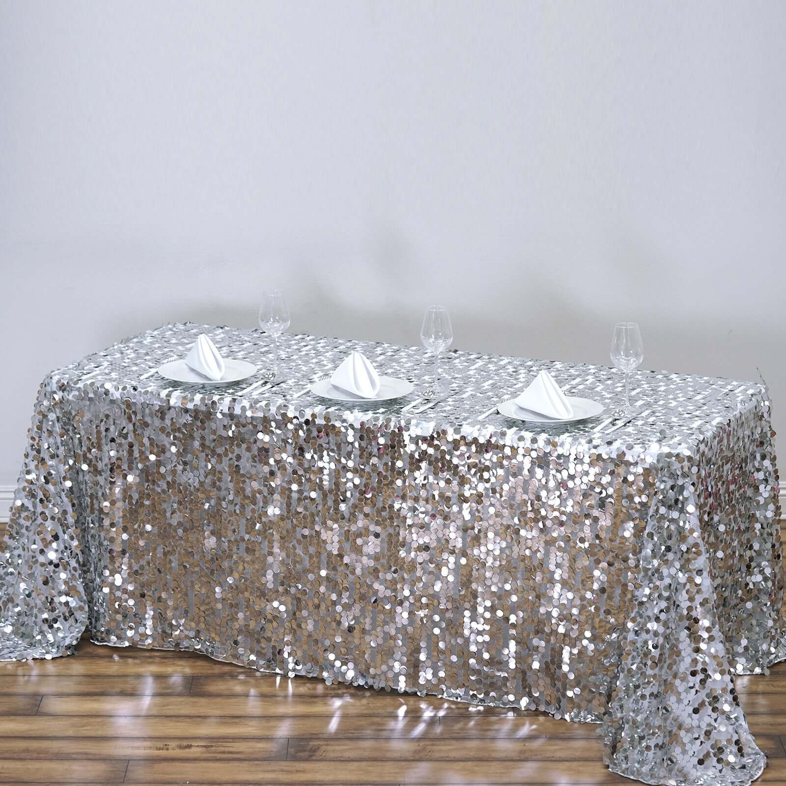 Sequin Rectangle Tablecloth 90"x156" Silver - Big Payette Seamless Table Cover - Image 6