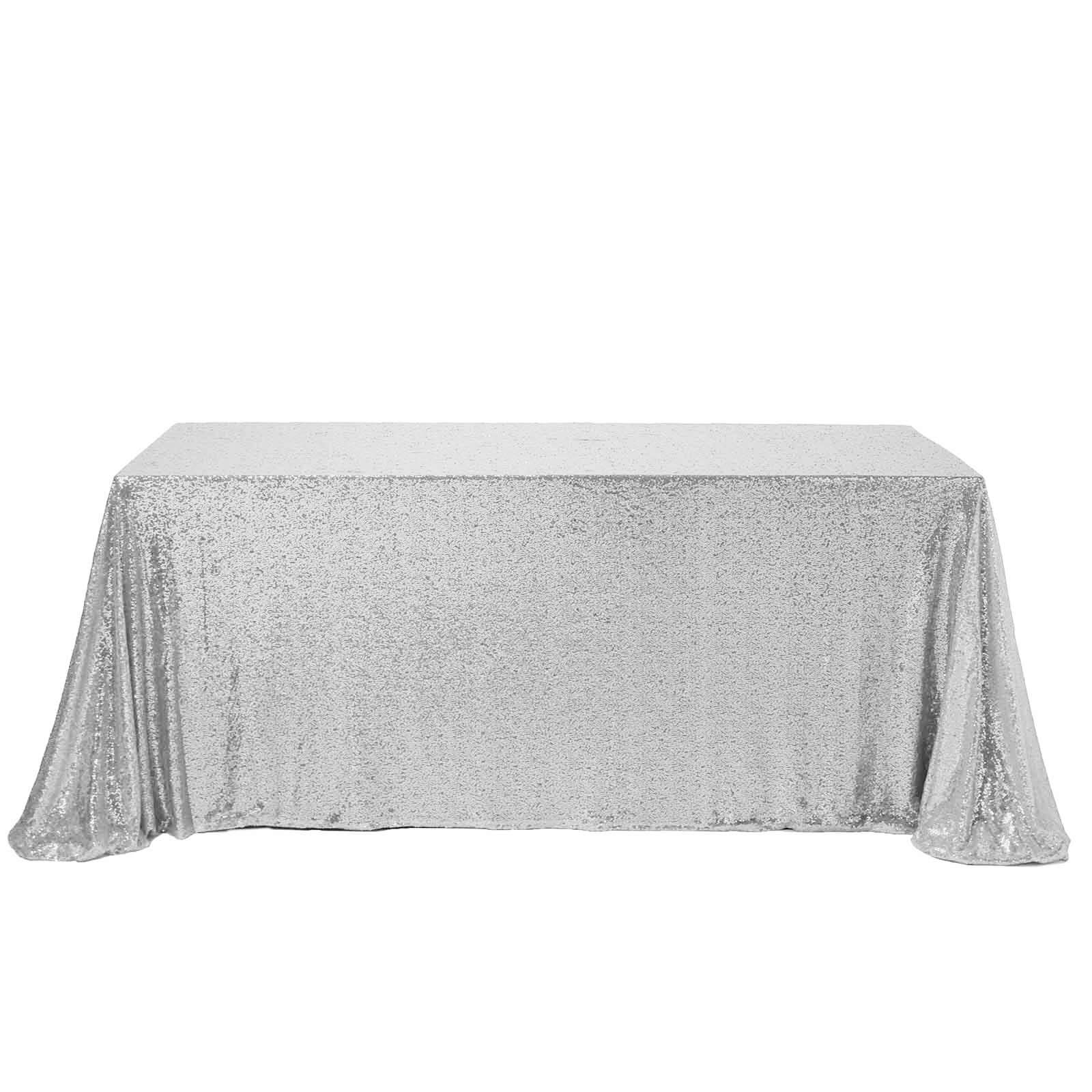 Sequin Rectangle Tablecloth 90"x156" Silver - Seamless Shimmering Finish Table Cover - Image 6