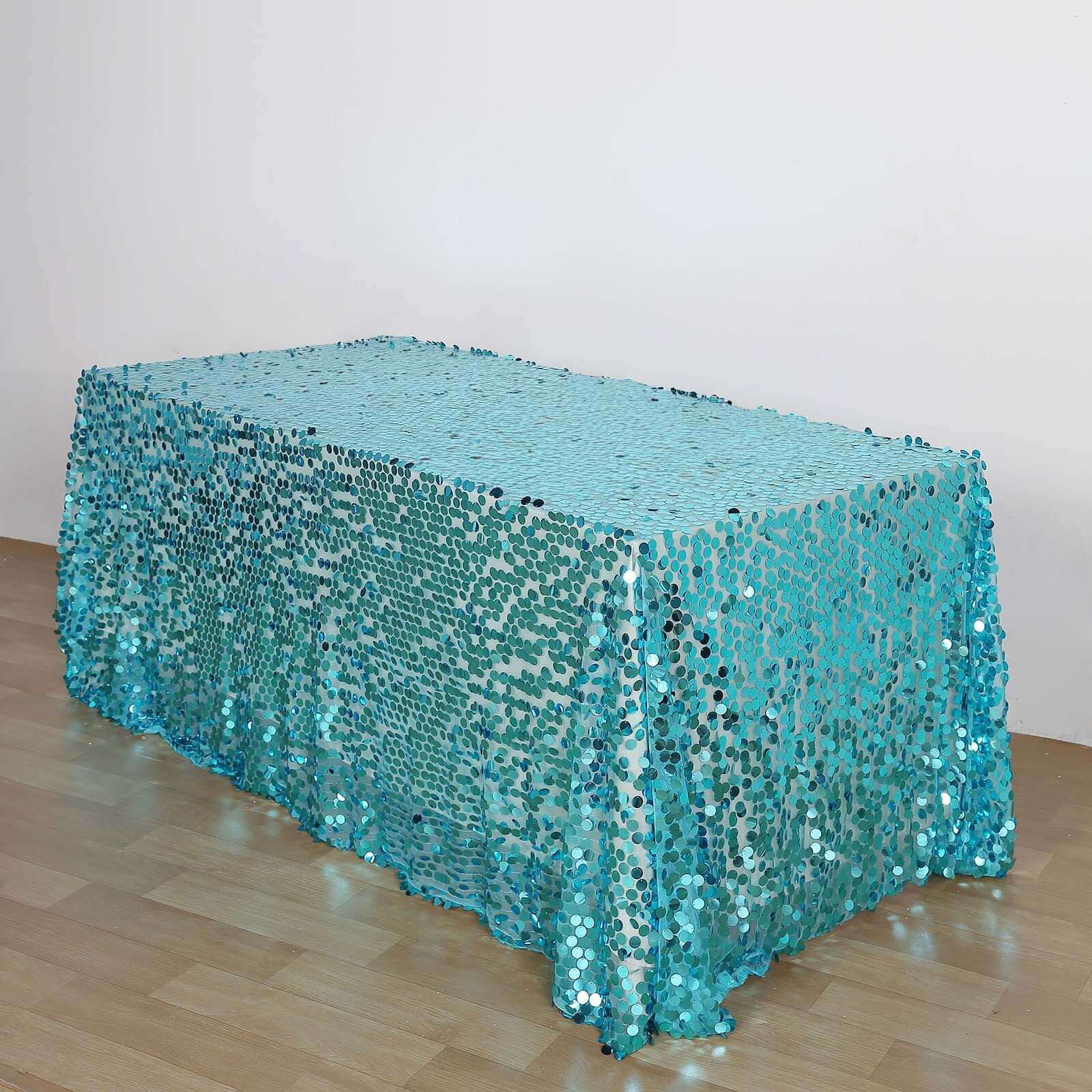 Sequin Rectangle Tablecloth 90"x156" Turquoise - Big Payette Seamless Table Cover