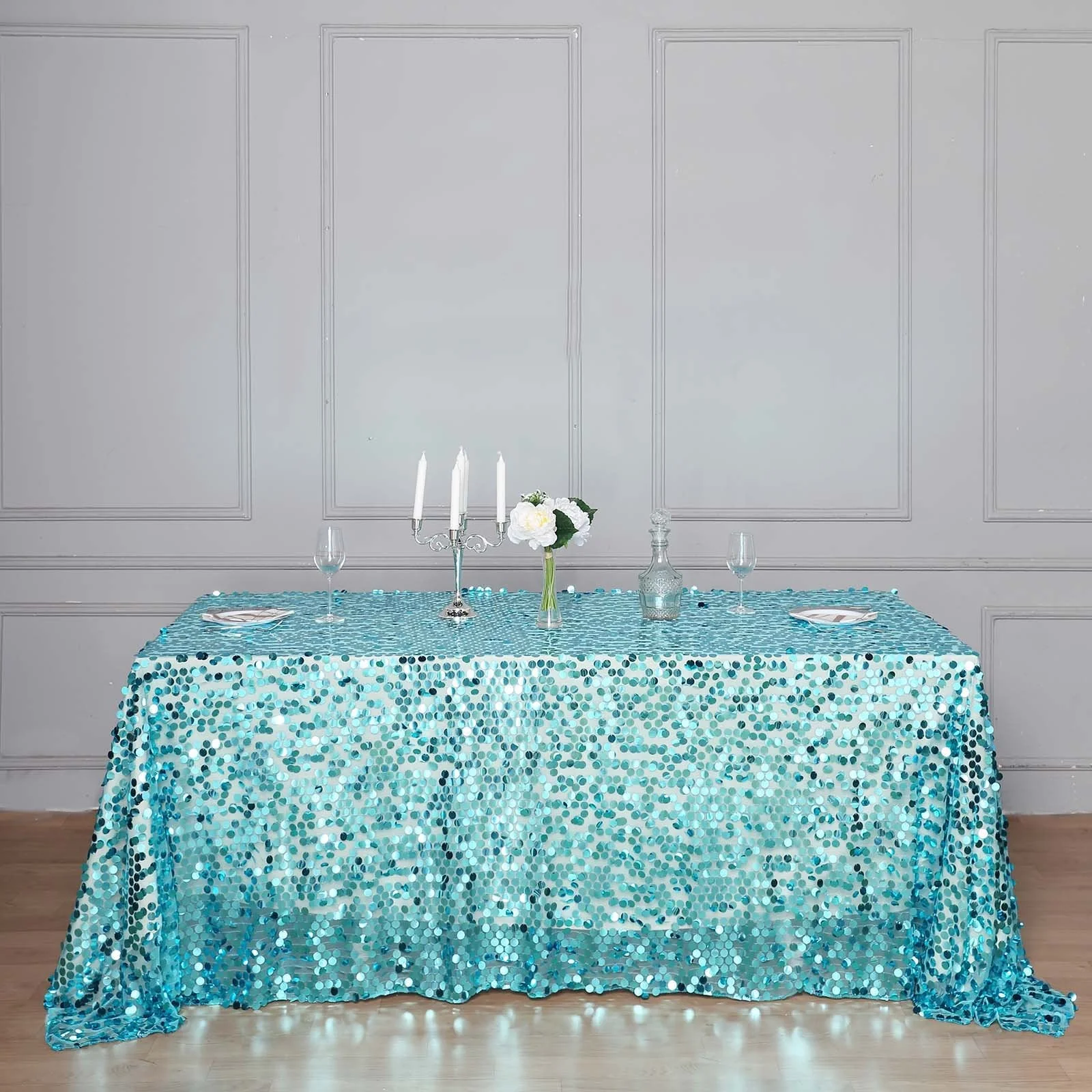Sequin Rectangle Tablecloth 90"x156" Turquoise - Big Payette Seamless Table Cover - Image 3