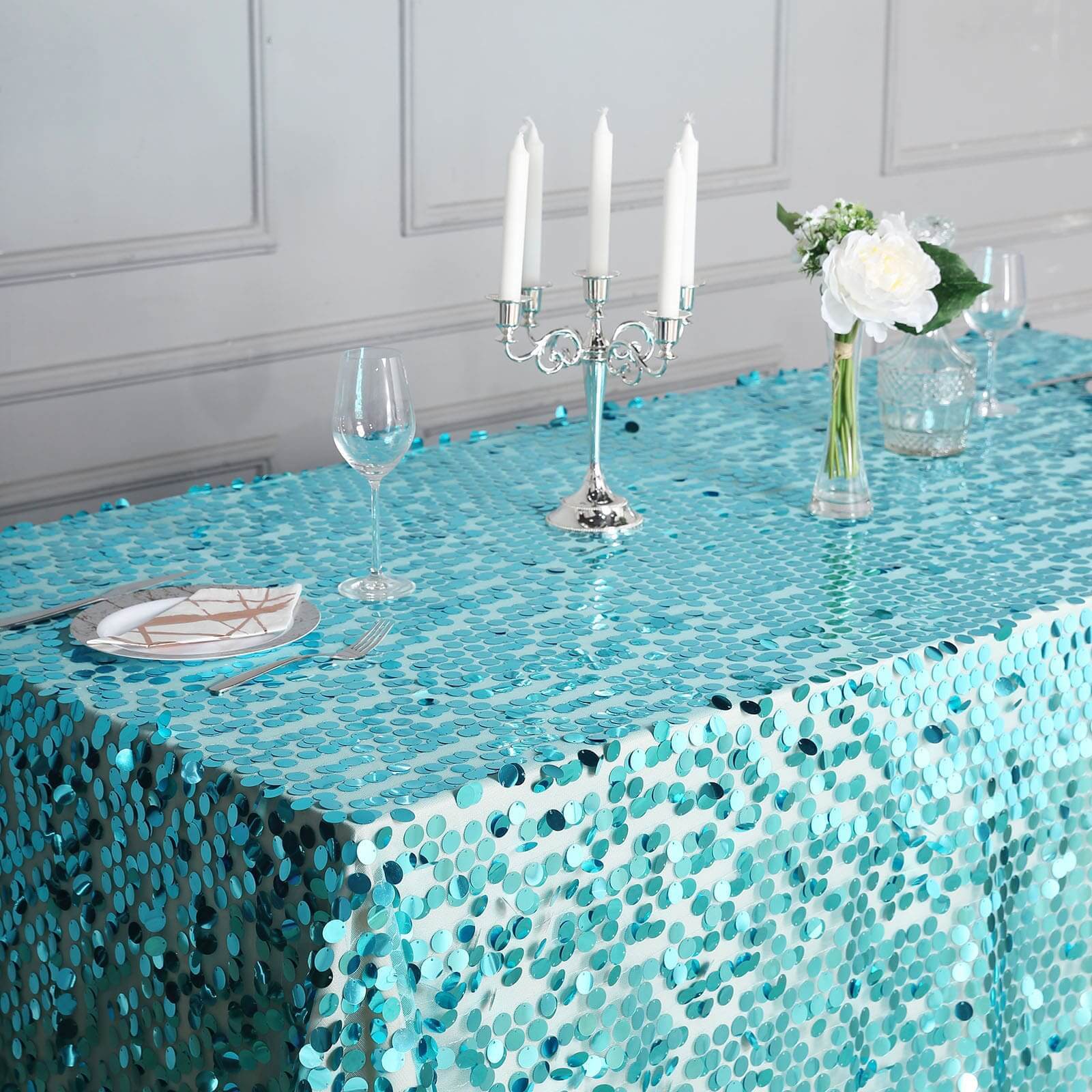 Sequin Rectangle Tablecloth 90"x156" Turquoise - Big Payette Seamless Table Cover - Image 6