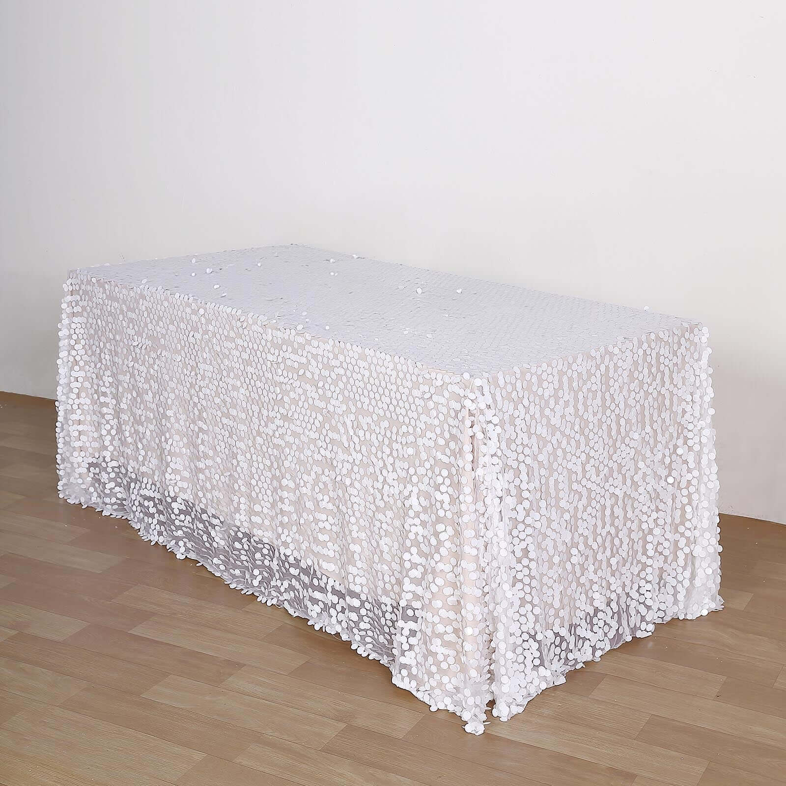 Sequin Rectangle Tablecloth 90"x156" White with Big Payette Design - Seamless Sparkly Finish for Grand Events