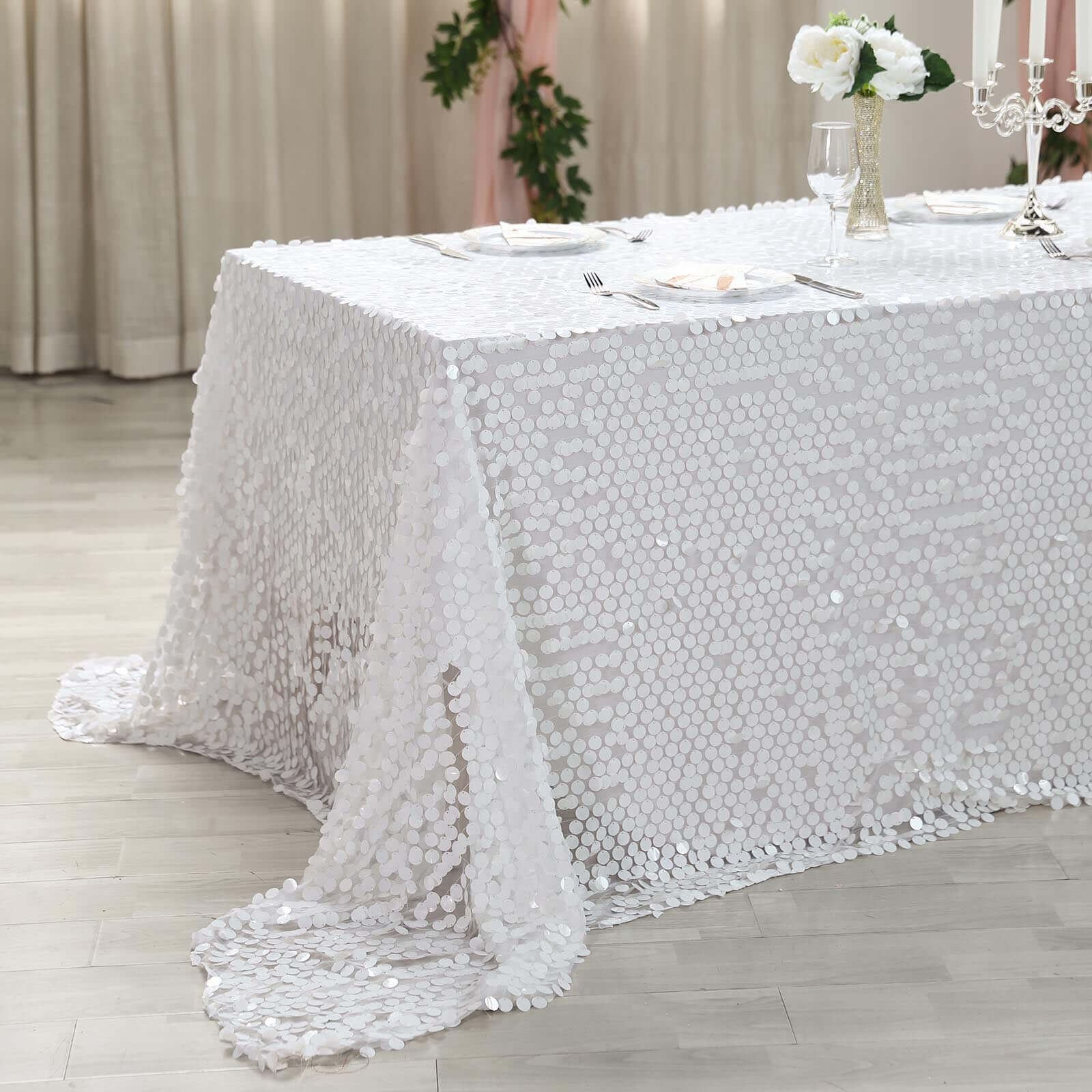 Sequin Rectangle Tablecloth 90"x156" White with Big Payette Design - Seamless Sparkly Finish for Grand Events - Image 2