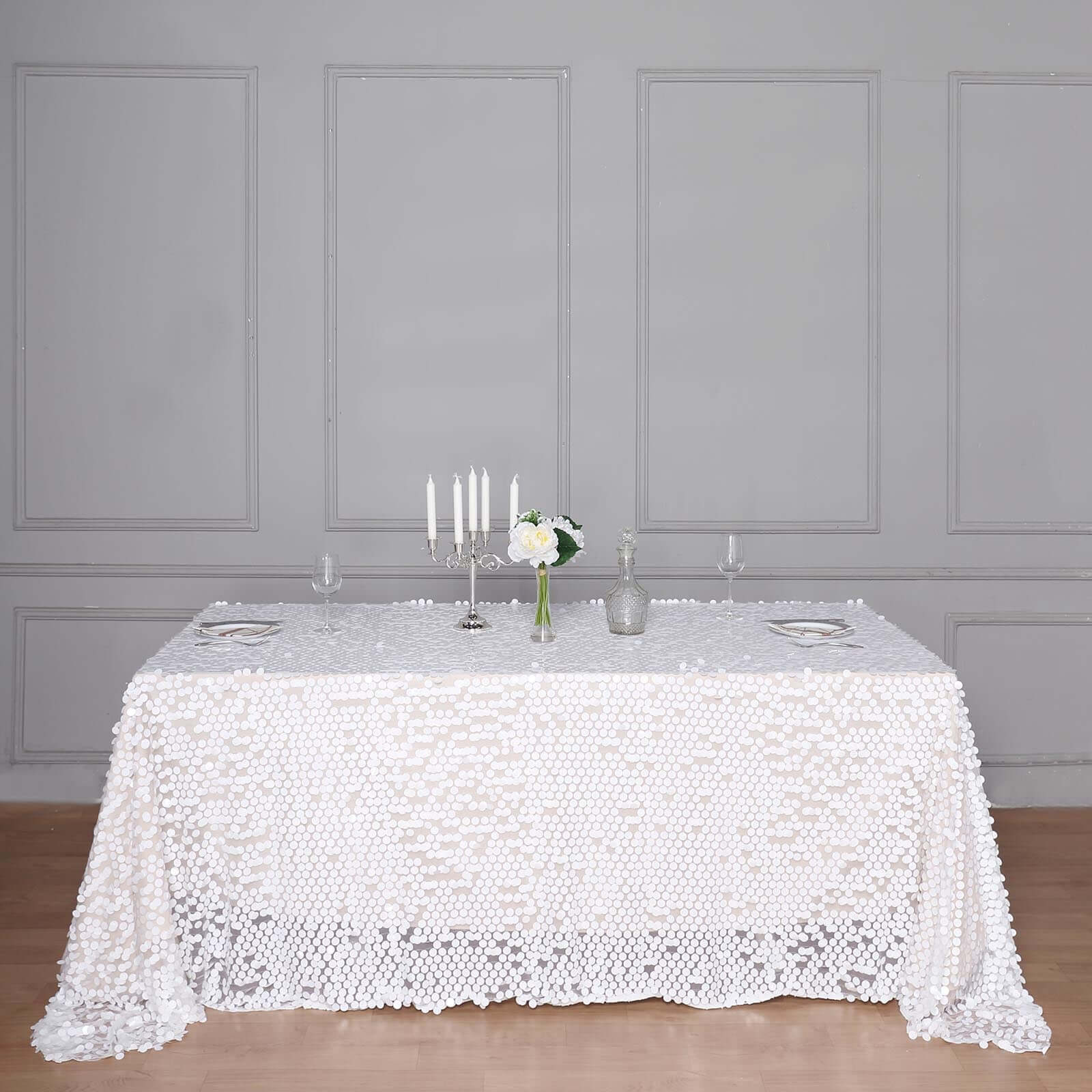 Sequin Rectangle Tablecloth 90"x156" White with Big Payette Design - Seamless Sparkly Finish for Grand Events - Image 6