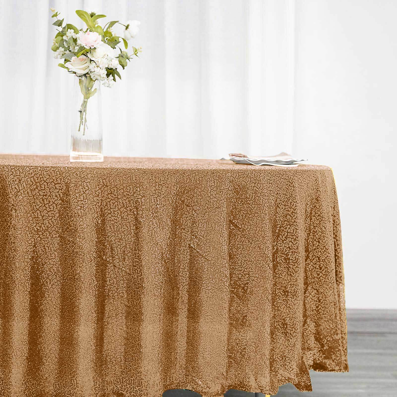 Sequin Round Tablecloth 108" Gold with Glittering Finish - Radiant Decor for Stylish Celebrations - Image 3