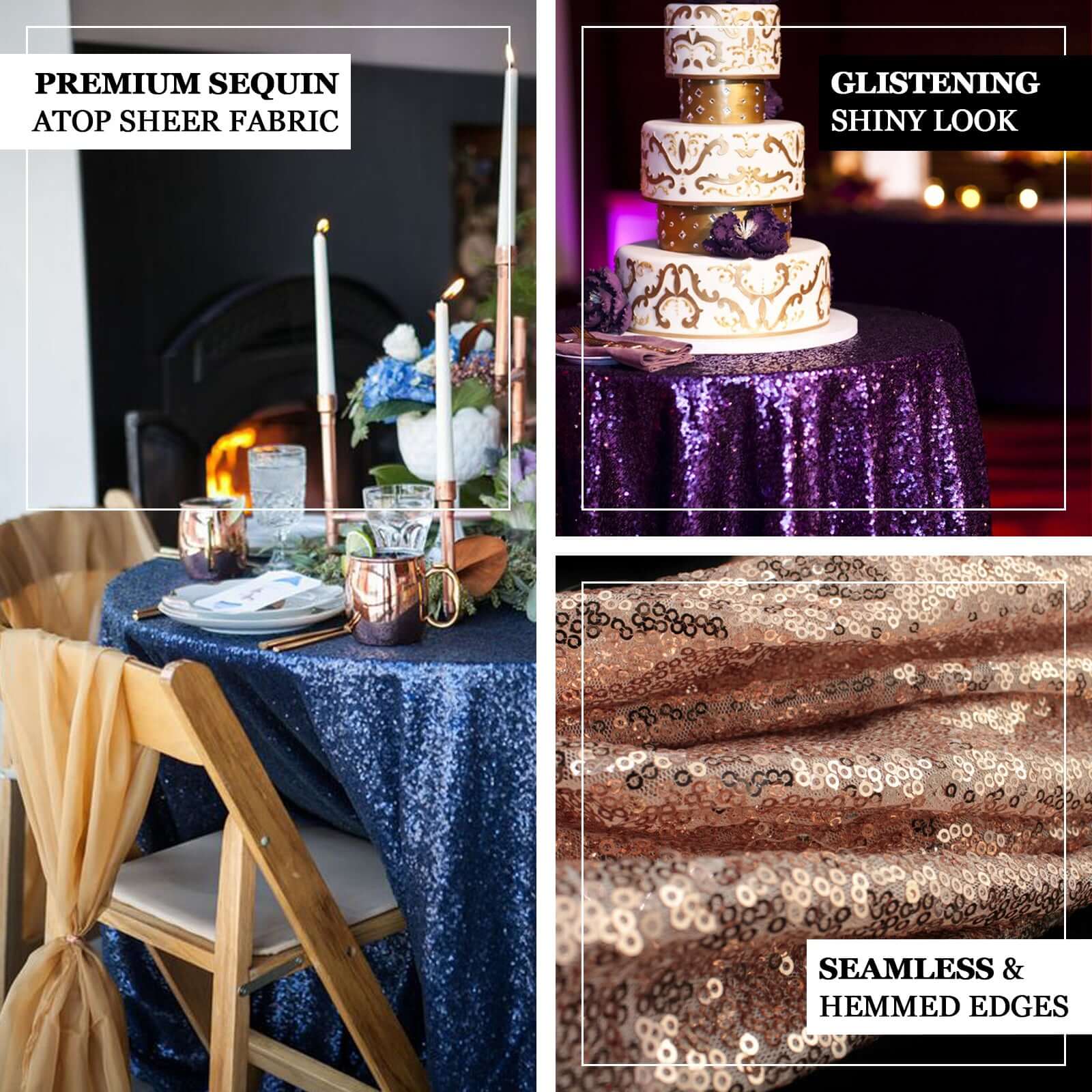Sequin Round Tablecloth 108" Navy Blue with Glittering Finish Table Cover - Image 4