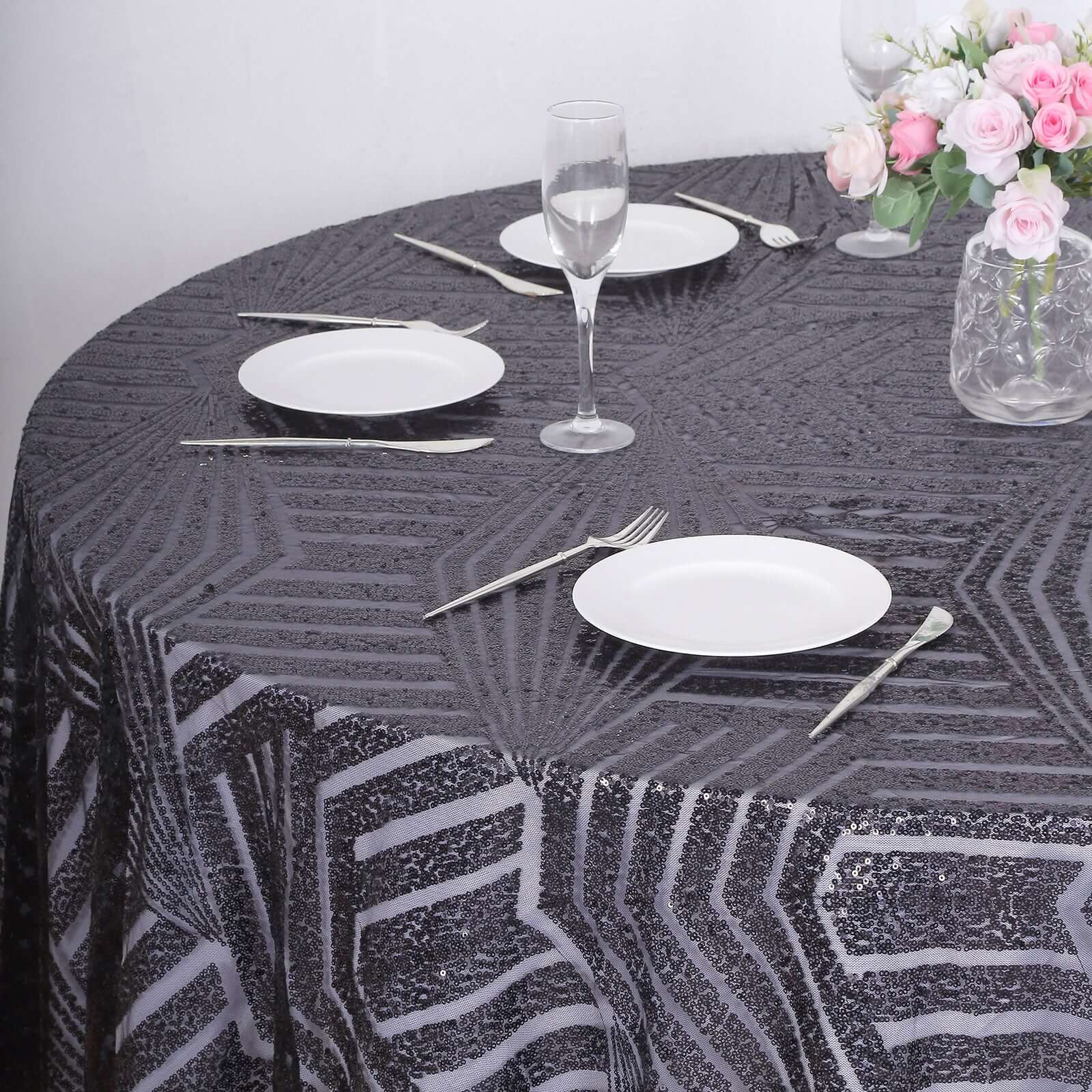 Sequin Round Tablecloth 120" Black with Diamond Glitz Design - Seamless Table Cover - Image 5