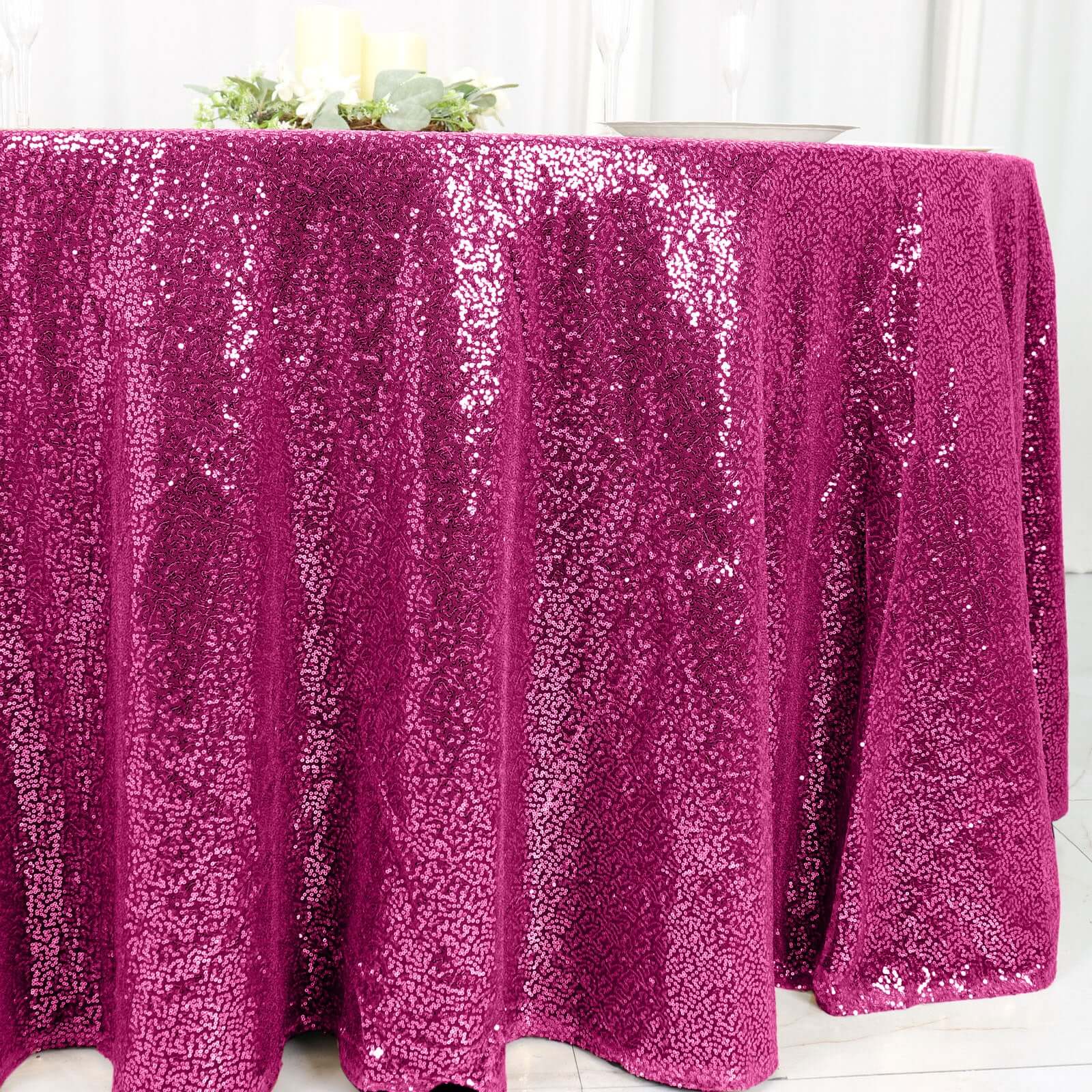 Sequin Round Tablecloth 120" Fuchsia - Seamless Table Cover - Image 2