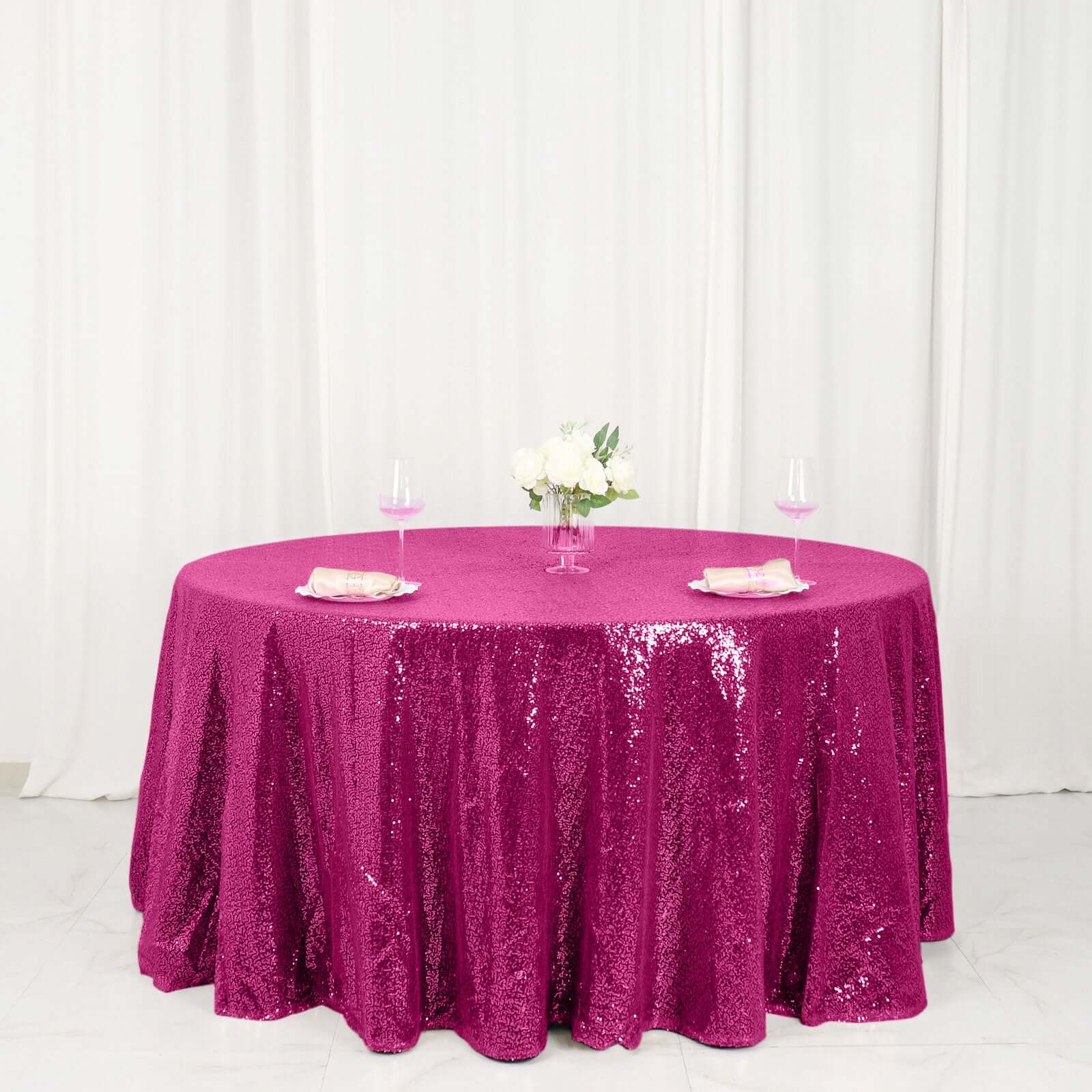 Sequin Round Tablecloth 120" Fuchsia - Seamless Table Cover - Image 5
