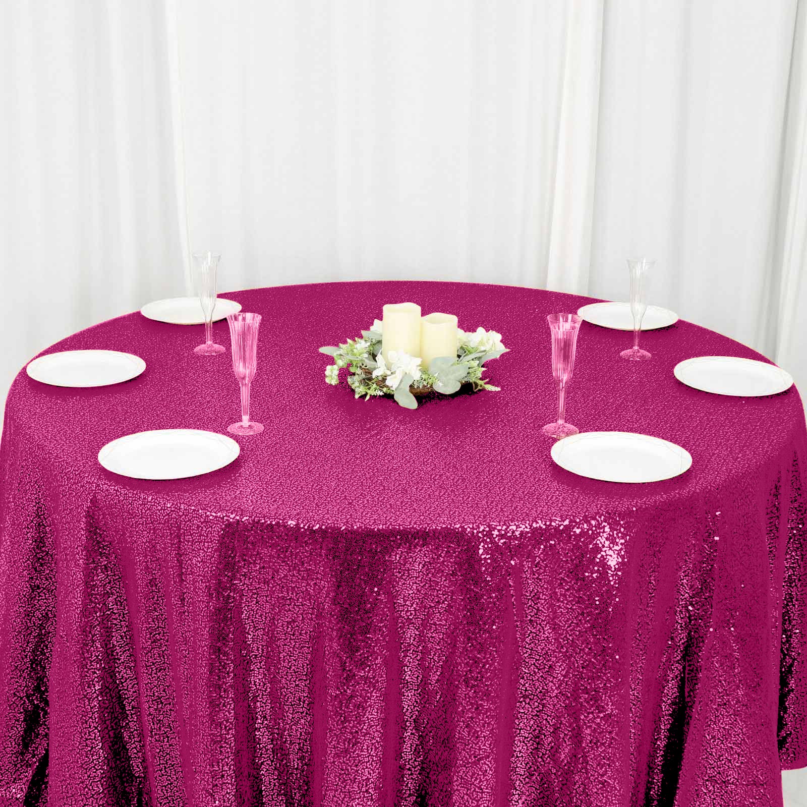 Sequin Round Tablecloth 120" Fuchsia - Seamless Table Cover - Image 7