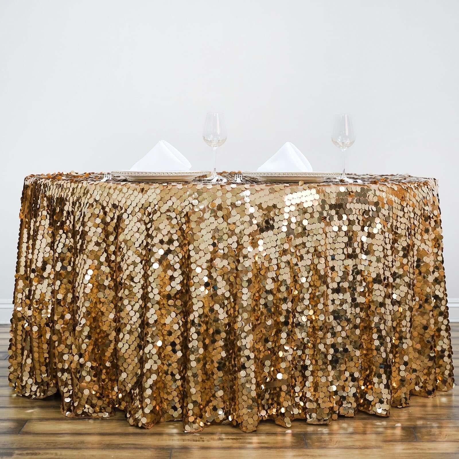 Sequin Round Tablecloth 120" Gold with Big Payette Design - Seamless Sparkly Decor for Premium Events - Image 2