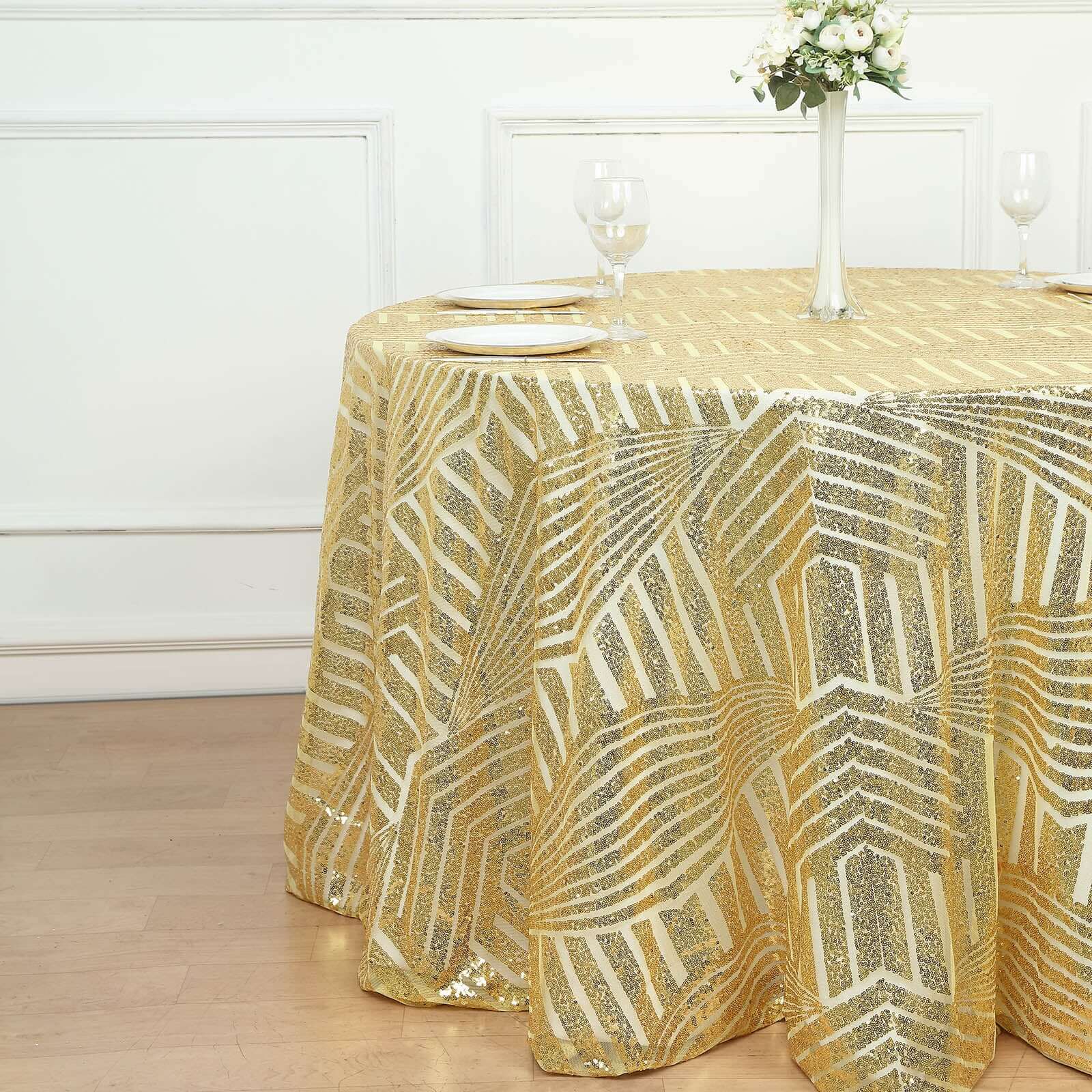 Sequin Round Tablecloth 120" Gold with Diamond Glitz Design - Seamless Chic Decor for Stylish Events - Image 2