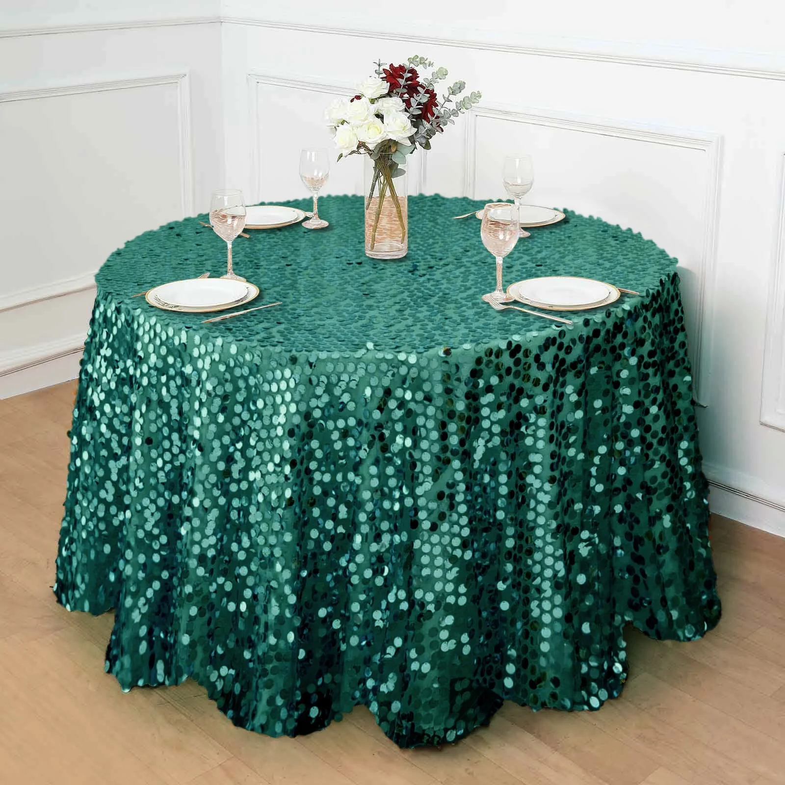 Sequin Round Tablecloth 120" Hunter Emerald Green - Big Payette Seamless Table Cover - Image 2