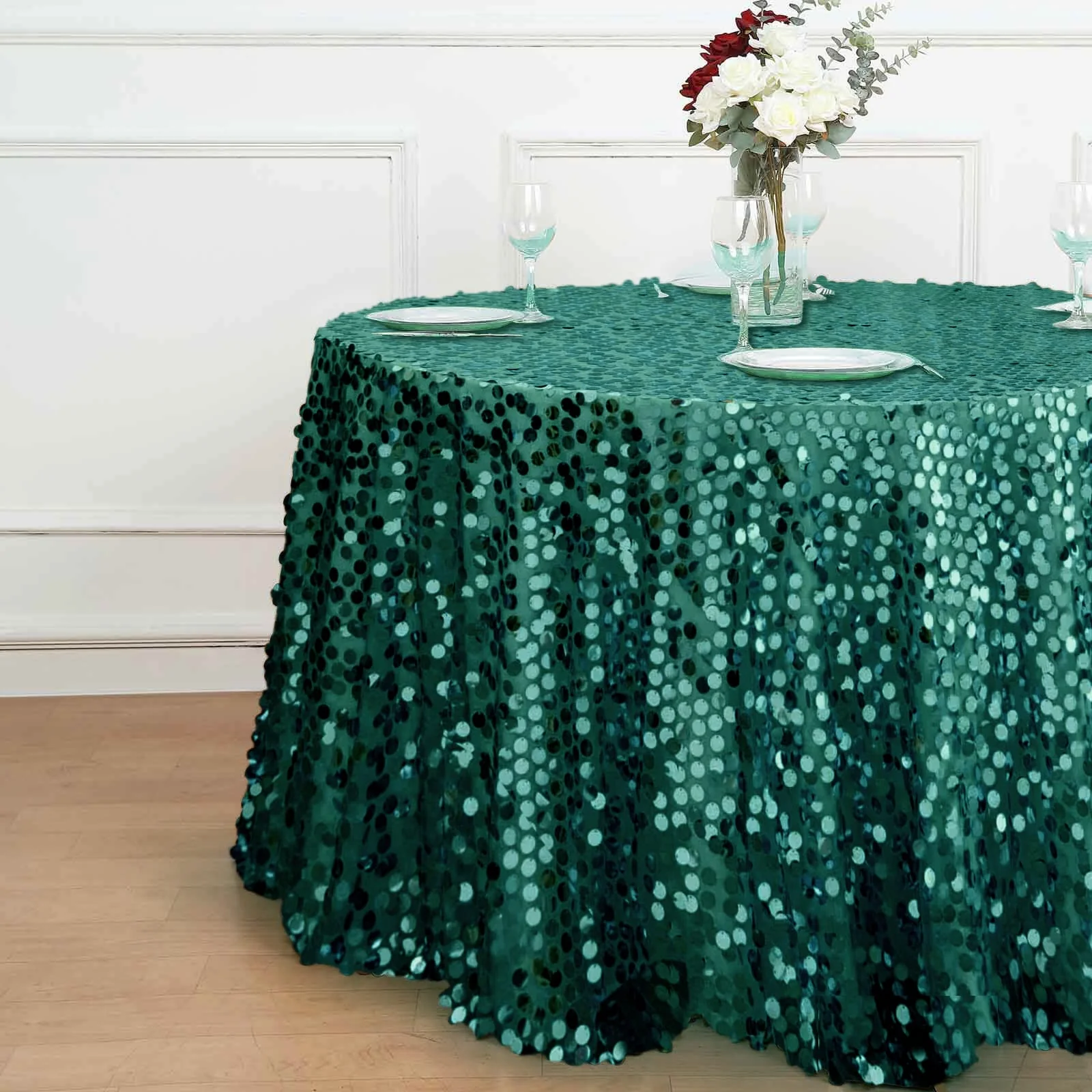 Sequin Round Tablecloth 120" Hunter Emerald Green - Big Payette Seamless Table Cover - Image 6