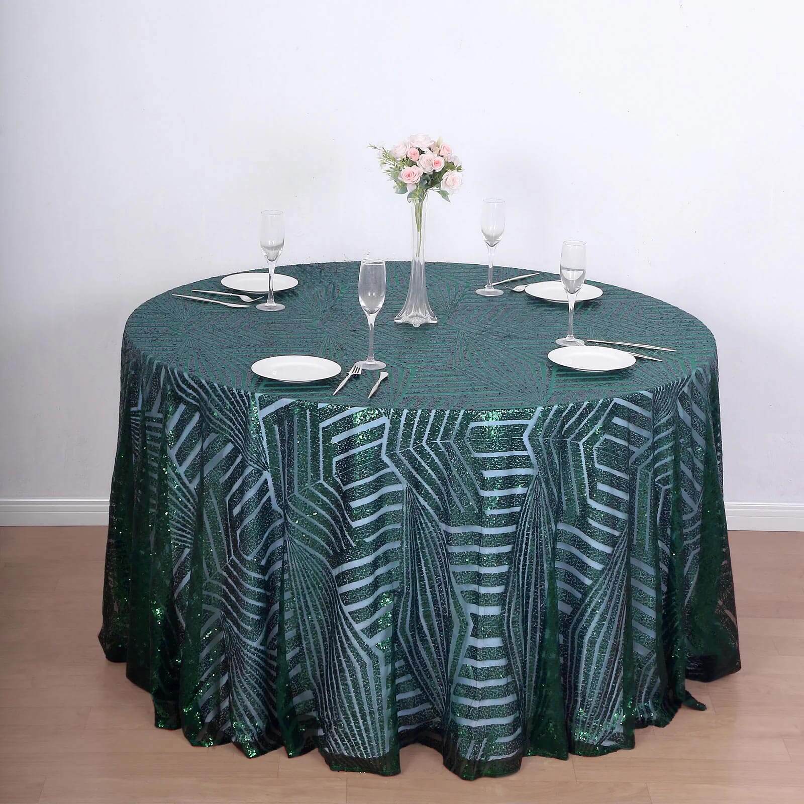 Sequin Round Tablecloth 120" Hunter Emerald Green with Diamond Glitz Design - Seamless Table Topper - Image 11
