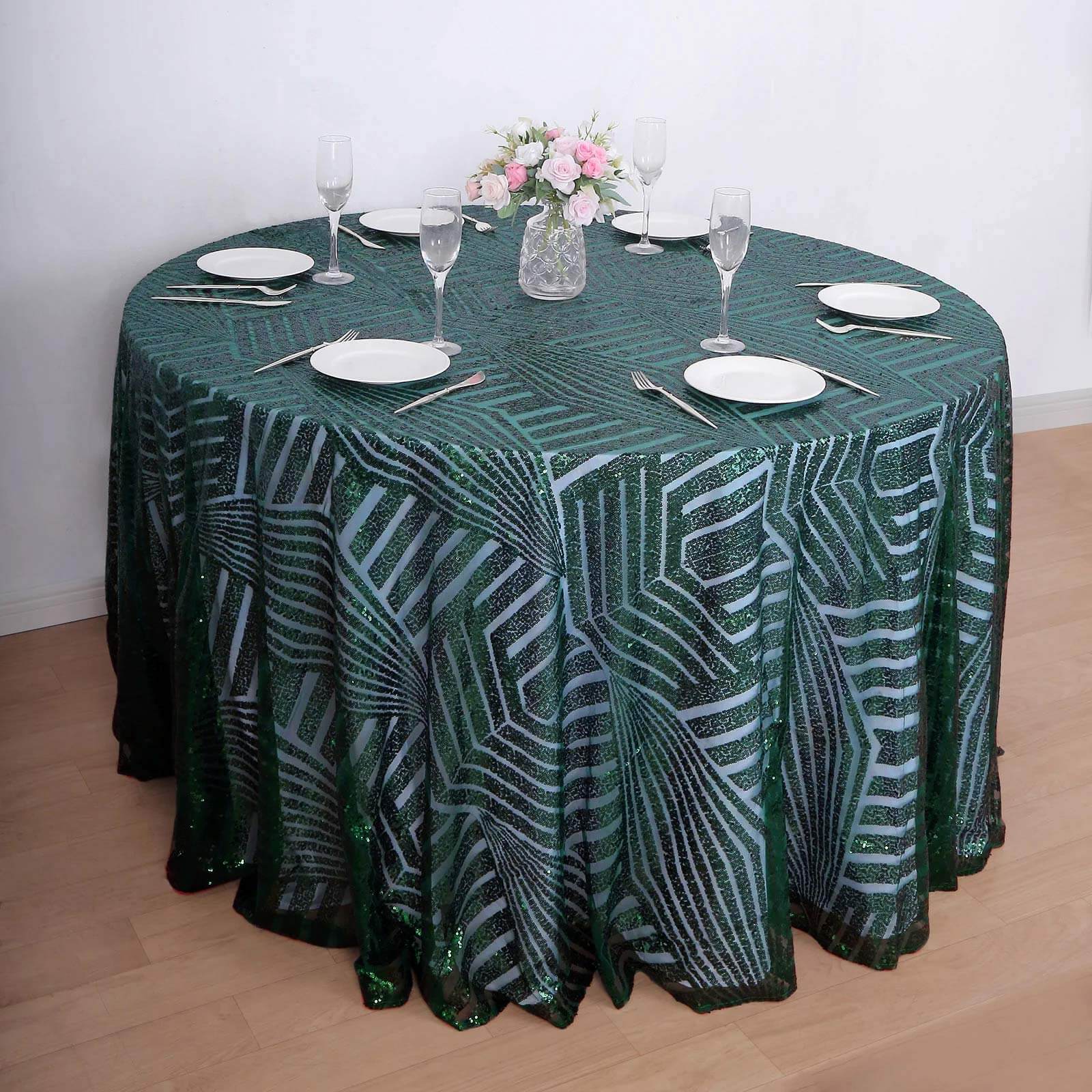 Sequin Round Tablecloth 120" Hunter Emerald Green with Diamond Glitz Design - Seamless Table Topper - Image 3