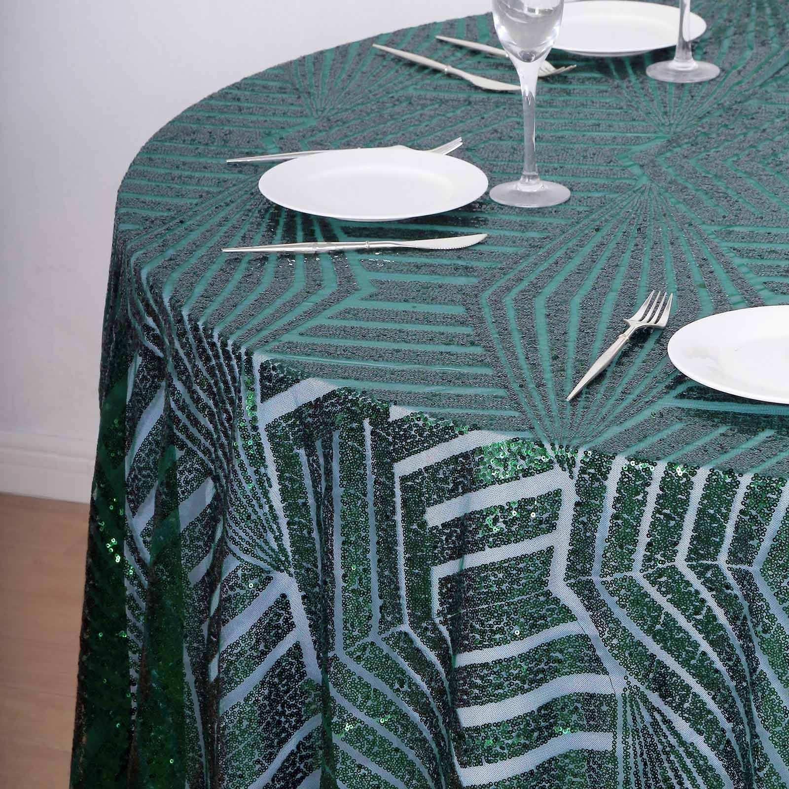 Sequin Round Tablecloth 120" Hunter Emerald Green with Diamond Glitz Design - Seamless Table Topper - Image 6