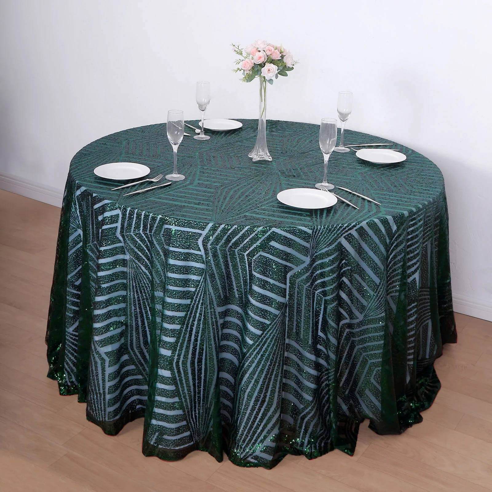 Sequin Round Tablecloth 120" Hunter Emerald Green with Diamond Glitz Design - Seamless Table Topper - Image 8