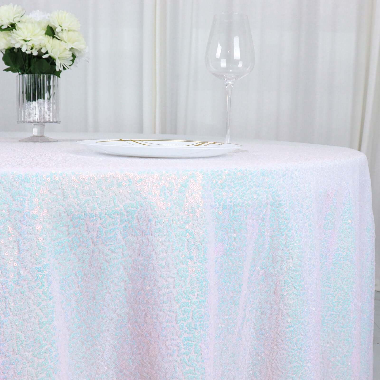 Sequin Round Tablecloth 120" Iridescent Blue - Seamless Table Cover - Image 10