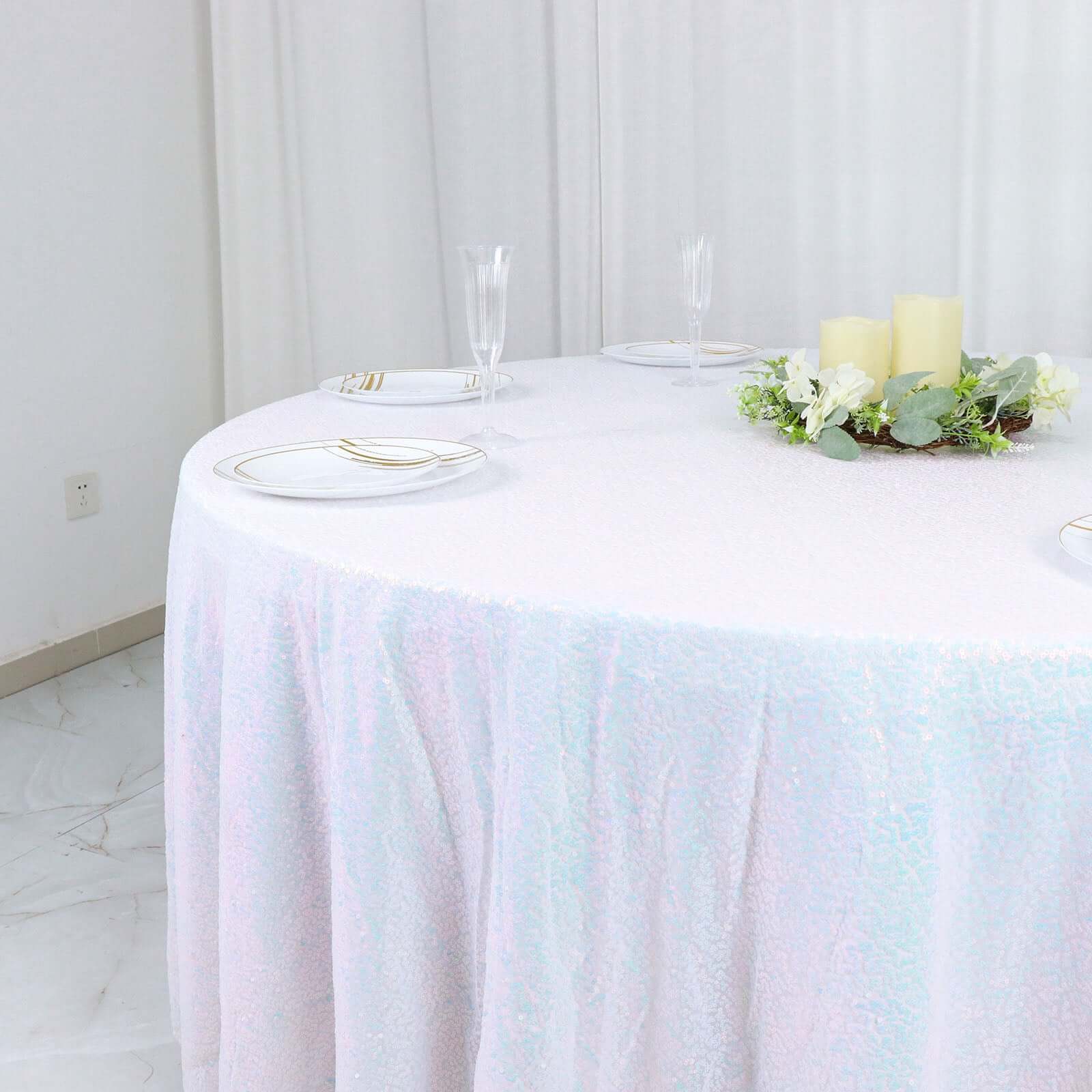 Sequin Round Tablecloth 120" Iridescent Blue - Seamless Table Cover - Image 2