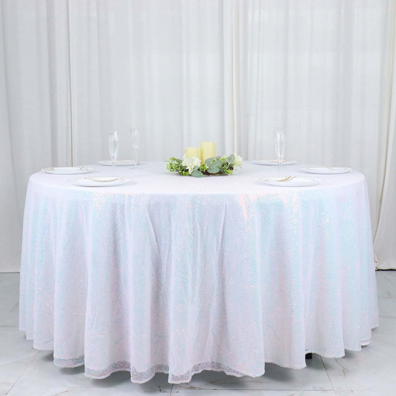 Sequin Round Tablecloth 120" Iridescent Blue - Seamless Table Cover - Image 5