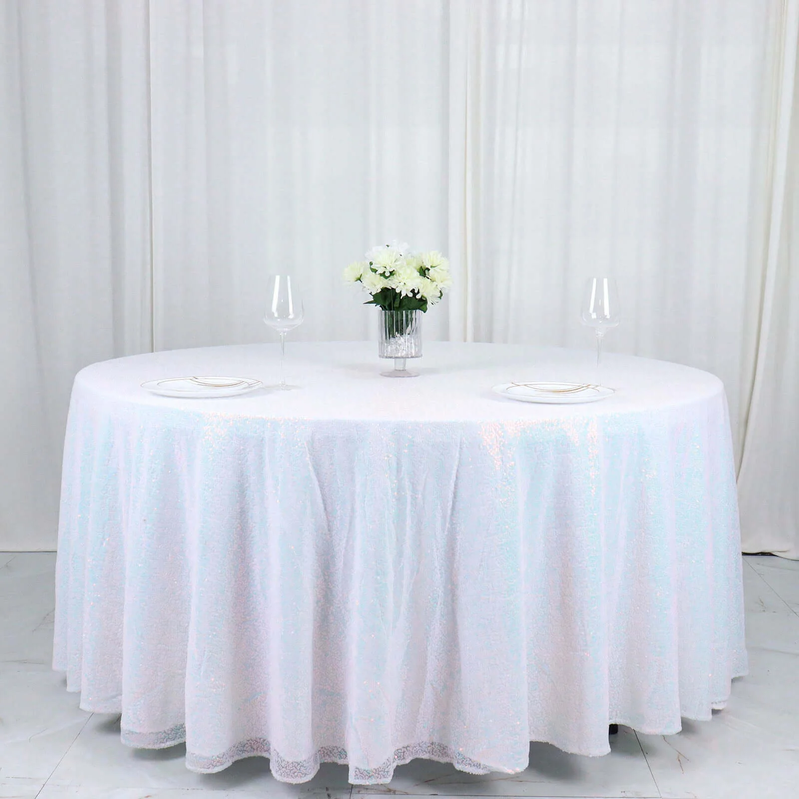 Sequin Round Tablecloth 120" Iridescent Blue - Seamless Table Cover - Image 9