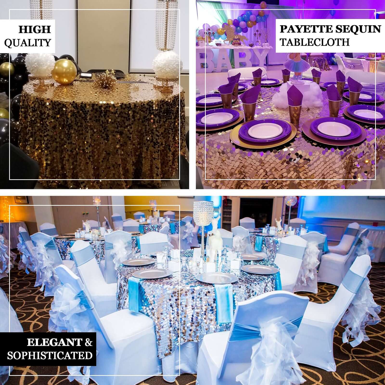 Sequin Round Tablecloth 120" Matte Champagne - Big Payette Seamless Table Cover - Image 3