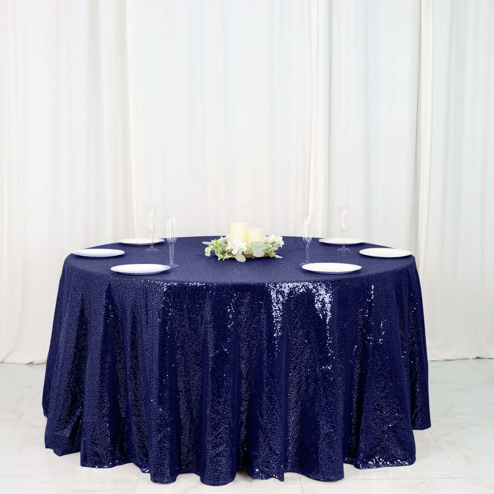 Sequin Round Tablecloth 120" Navy Blue - Seamless Table Cover - Image 5