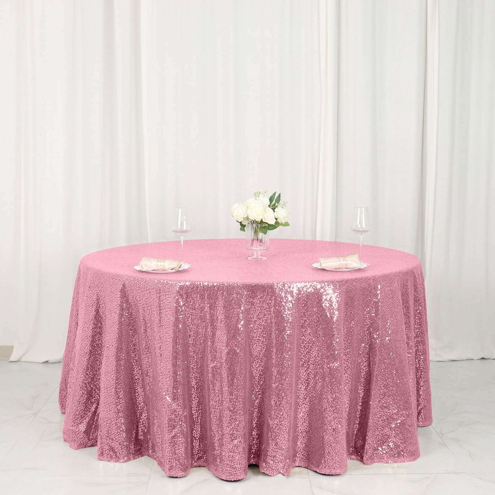 Sequin Round Tablecloth 120" Pink - Seamless Table Cover - Image 5