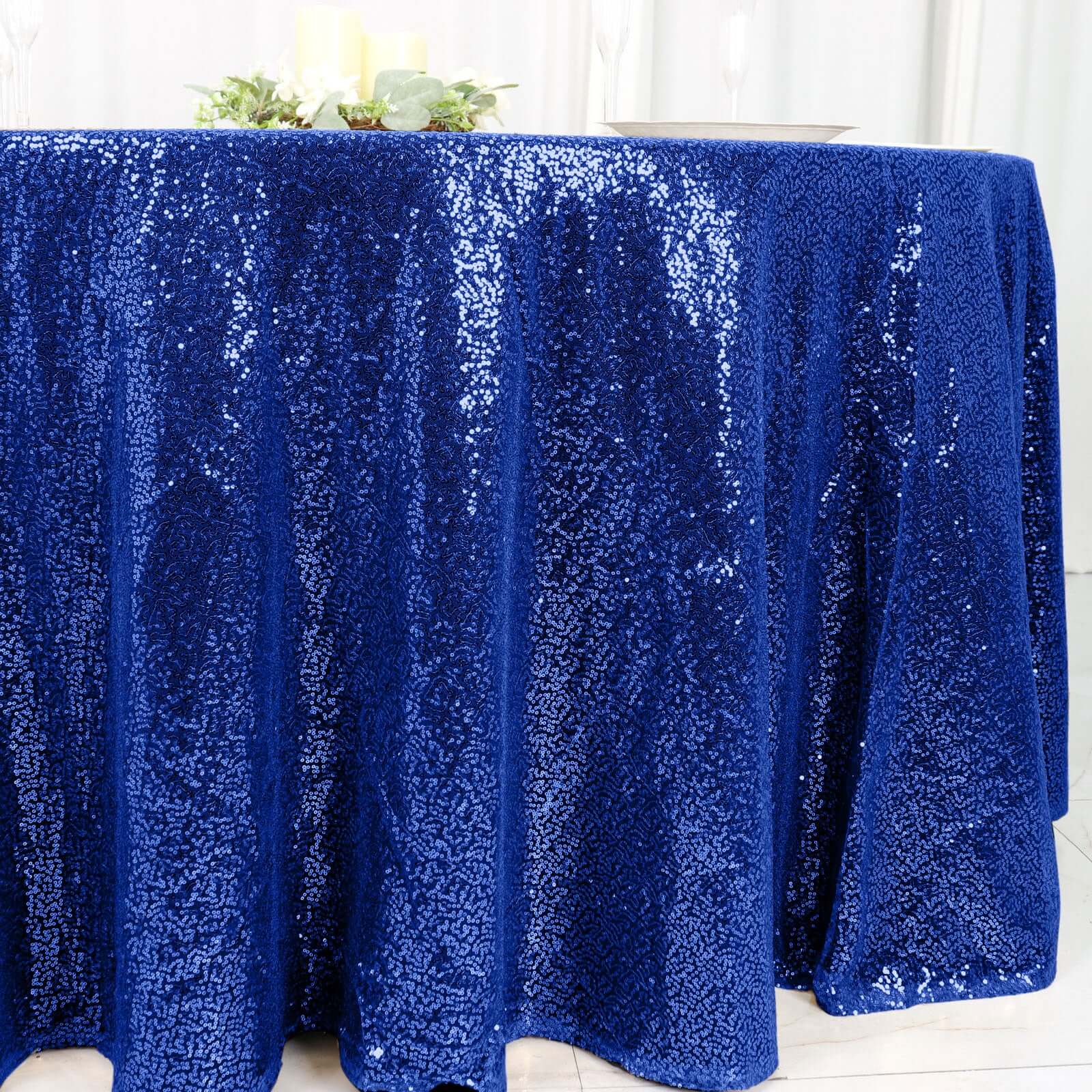 Sequin Round Tablecloth 120" Royal Blue - Seamless Table Cover - Image 2