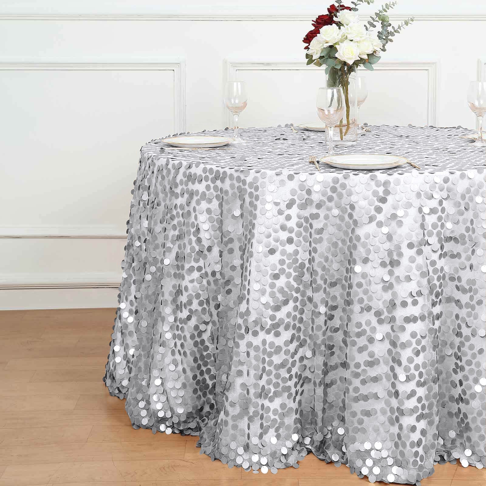 Sequin Round Tablecloth 120" Silver - Big Payette Seamless Table Cover - Image 6