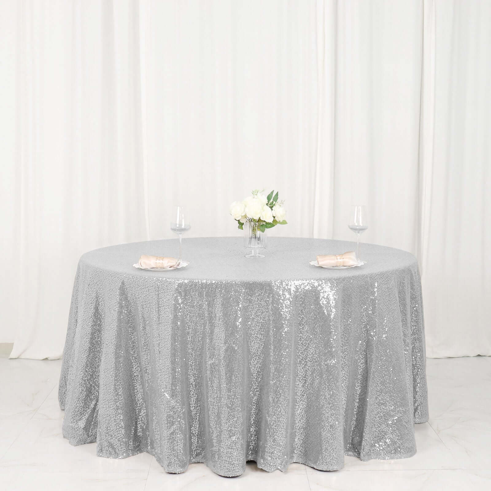 Sequin Round Tablecloth 120" Silver - Seamless Table Cover - Image 5
