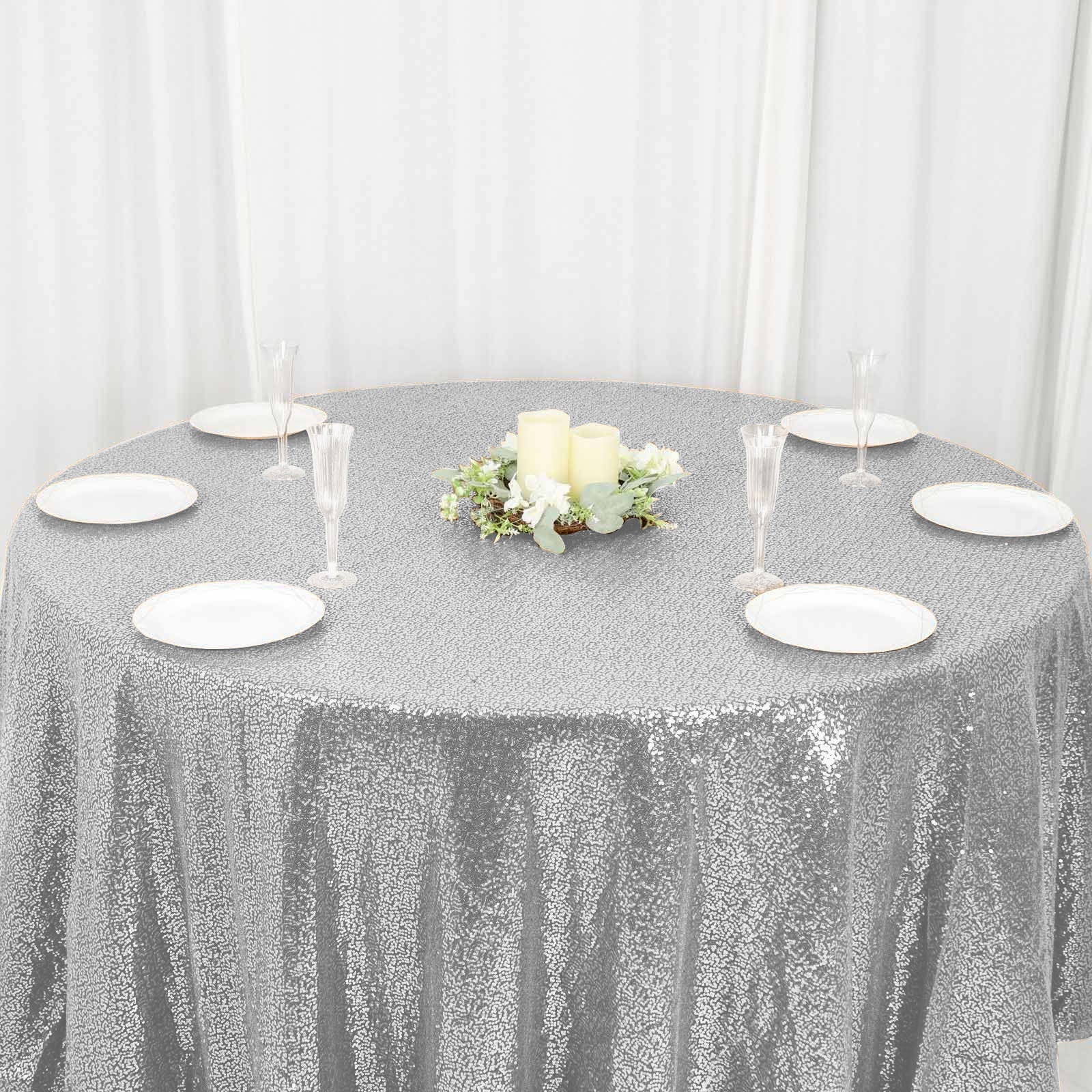 Sequin Round Tablecloth 120" Silver - Seamless Table Cover - Image 7