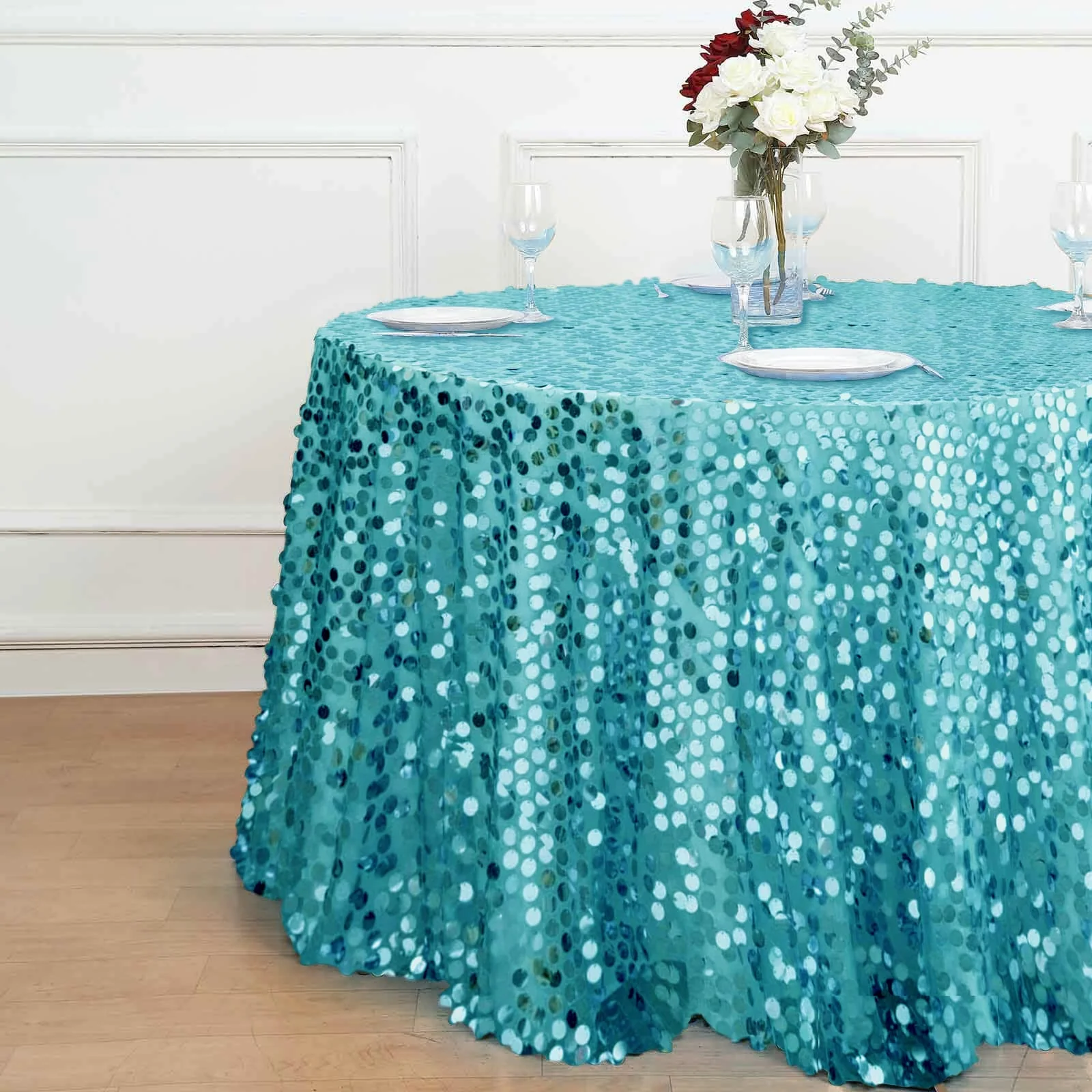 Sequin Round Tablecloth 120" Turquoise - Big Payette Seamless Table Cover - Image 6