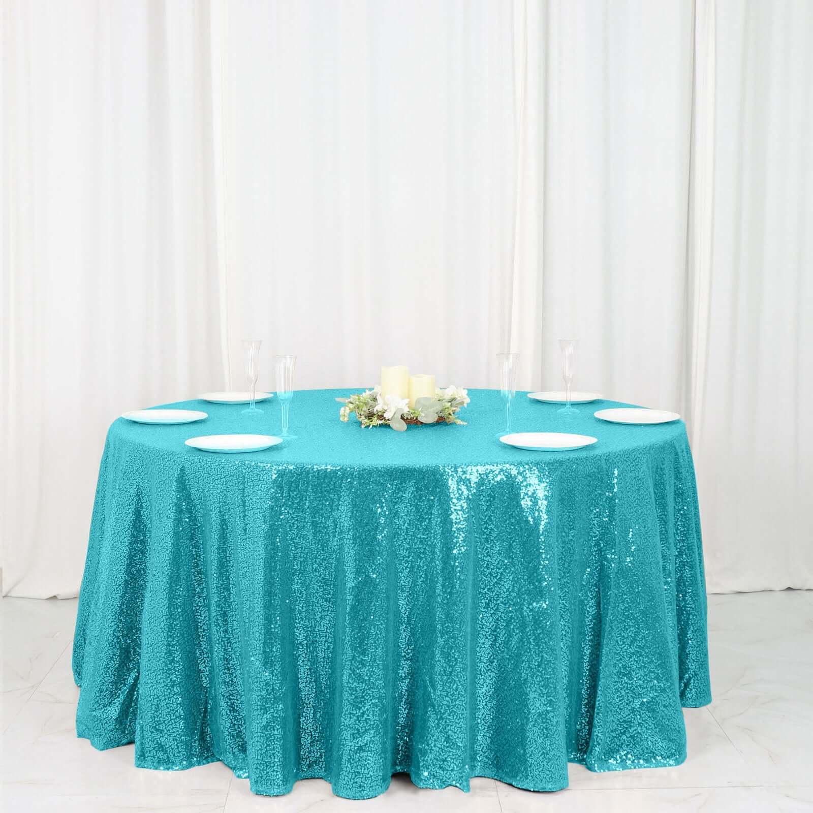 Sequin Round Tablecloth 120" Turquoise - Seamless Table Cover - Image 5