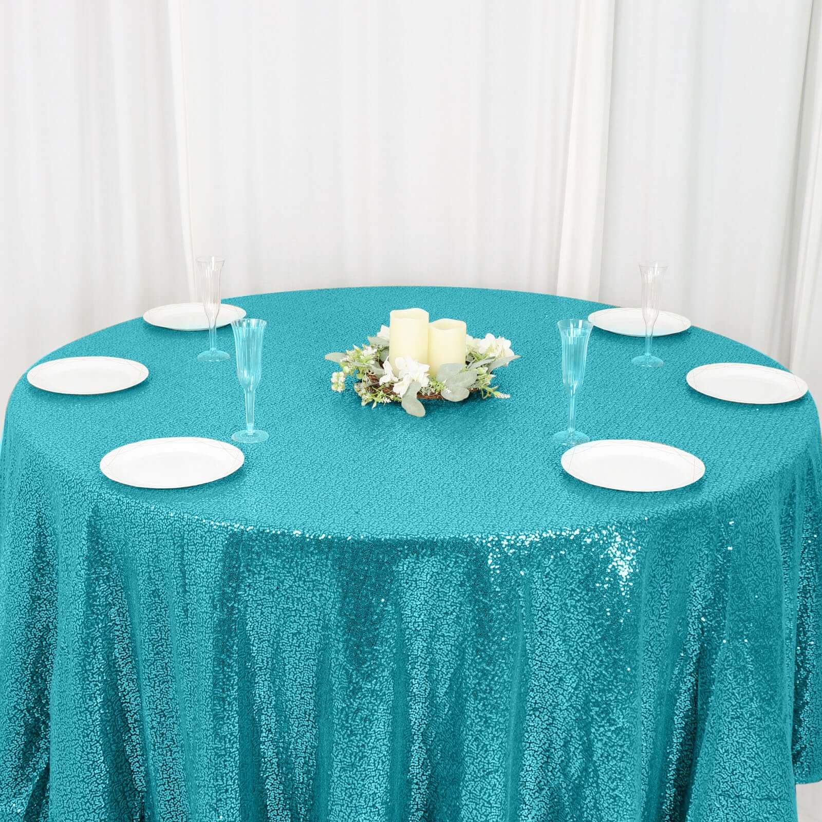 Sequin Round Tablecloth 120" Turquoise - Seamless Table Cover - Image 7
