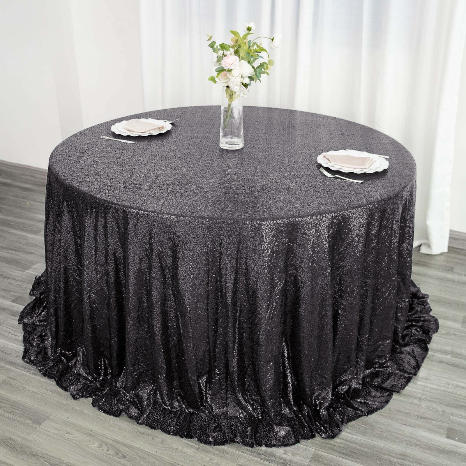 Sequin Round Tablecloth 132" Black with Seamless Twinkling Finish Table Cover - Image 2