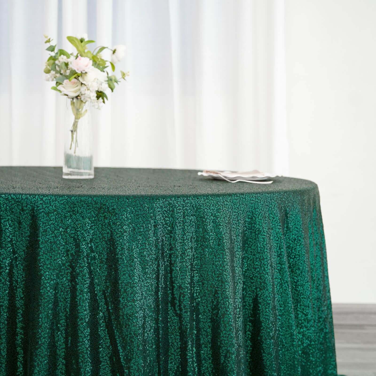 Sequin Round Tablecloth 132" Hunter Emerald Green with Seamless Twinkling Finish Table Cover - Image 2