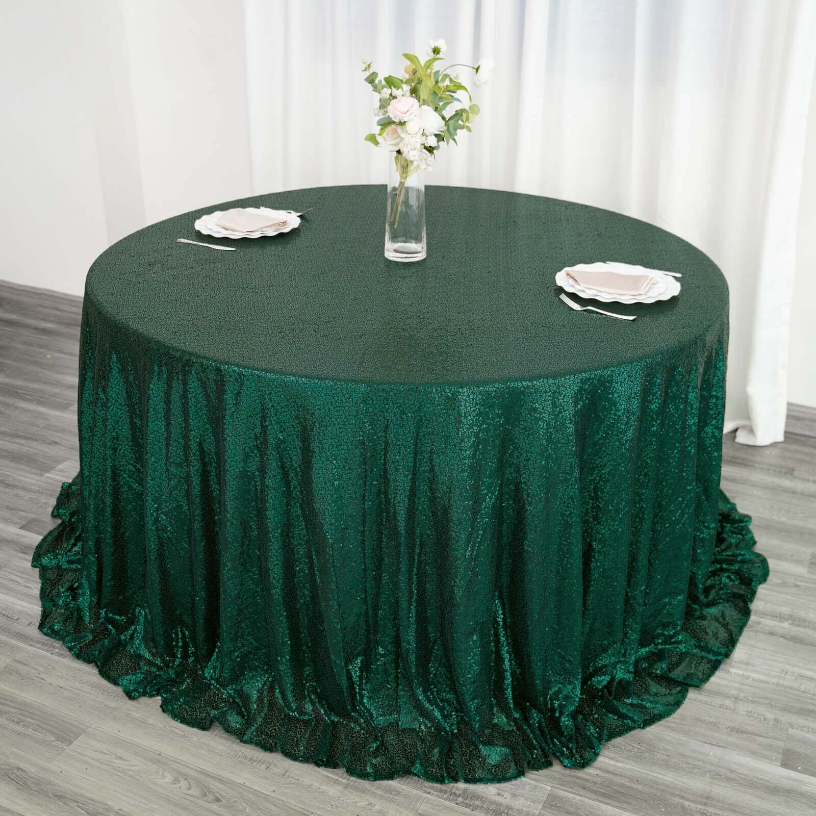 Sequin Round Tablecloth 132" Hunter Emerald Green with Seamless Twinkling Finish Table Cover - Image 3
